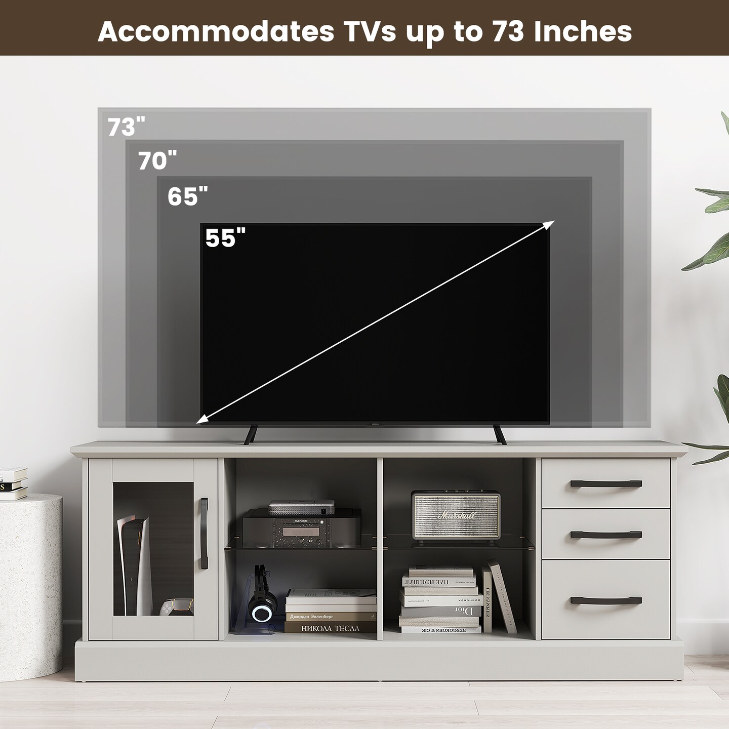 63 Inches Entertainment Center with 3 Storage Drawers and Removable Glass Shelves