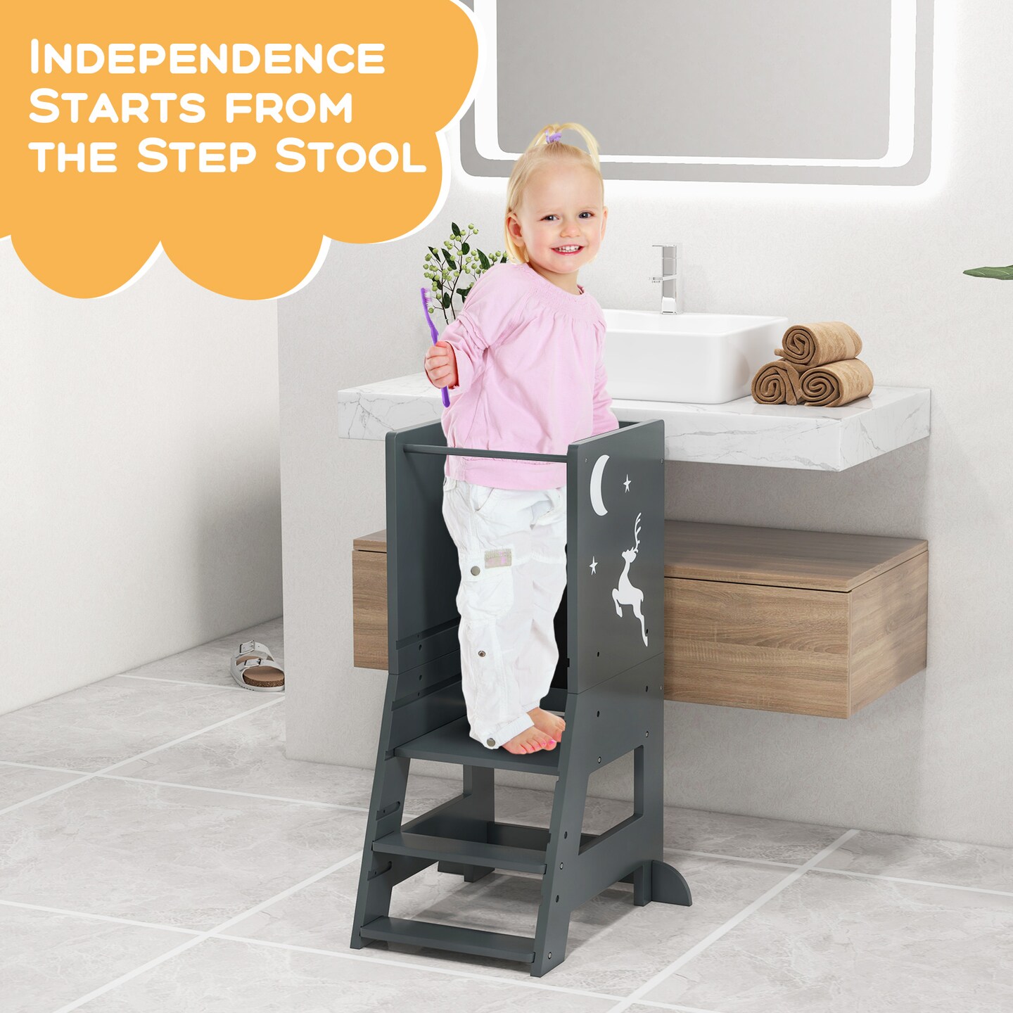 3 in 1 Multi-functional Design Kids Kitchen Standing Stool Tower with Chalkboard and Whiteboard