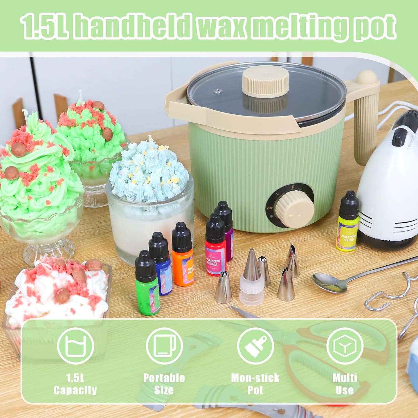 3 lb green wax melting pot designed for candle making, featuring a handheld build with dual power adjustment for better temperature control. Includes an easy pouring spout and a non stick coating, making it suitable for DIY candle projects and hobby