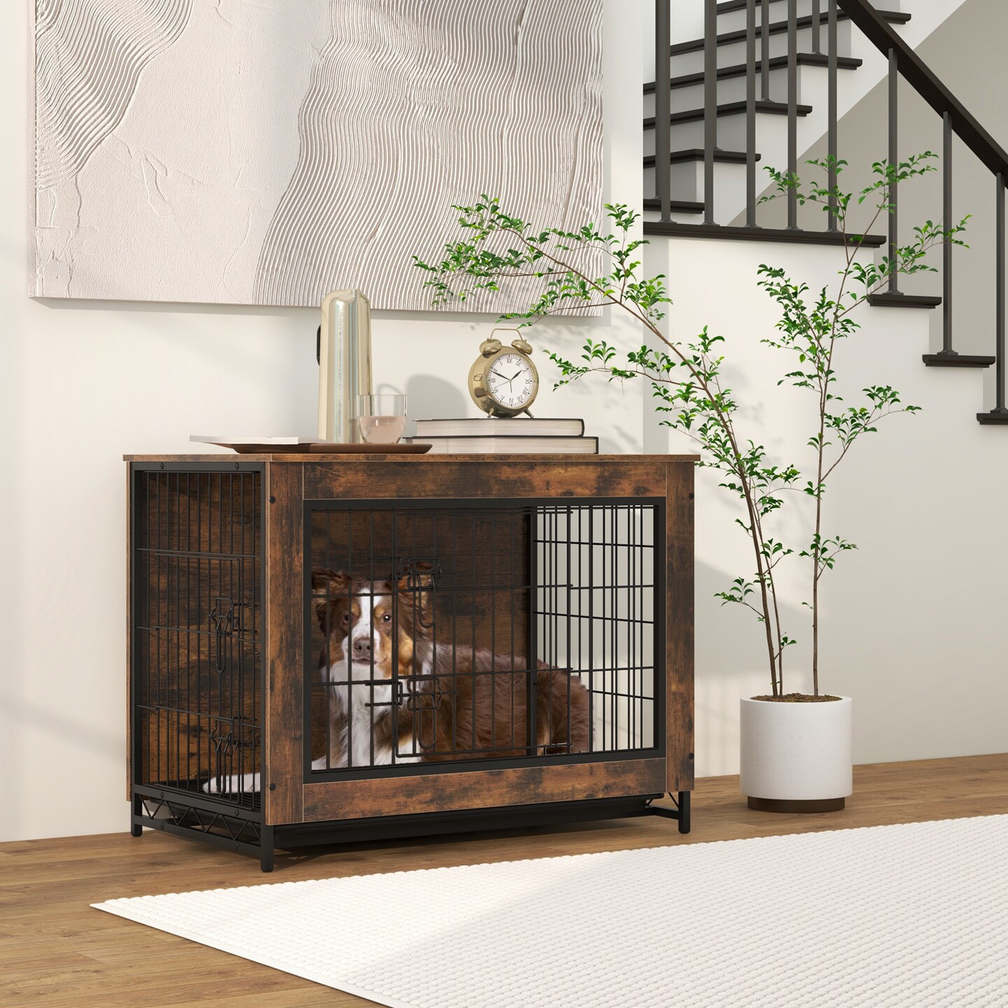 Rustic Brown MDF Metal Dog Crate Furniture with Dual Lockable Doors and Pull-Out Tray