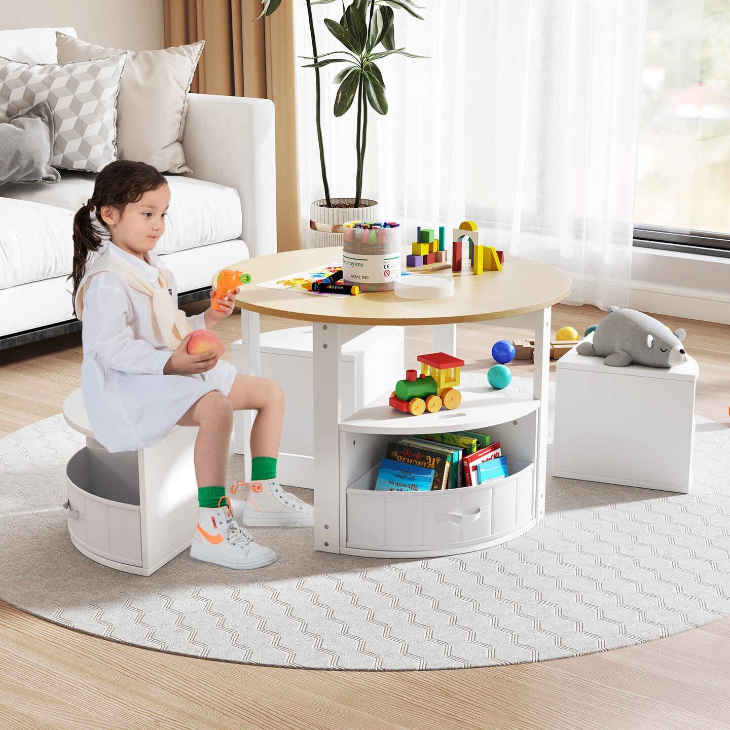 Kids Table Set with 4 Stools, MDF Nesting Design and Storage Bins