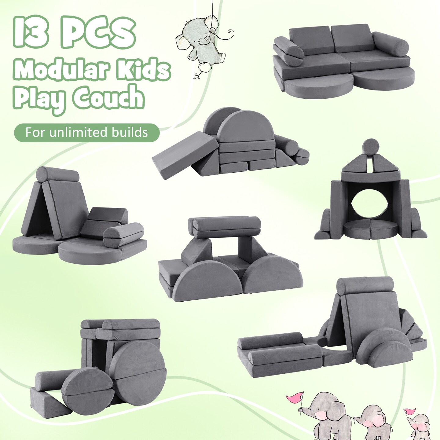Velvet Suede 13-Piece Kids Modular Play Couch, Soft and Safe Design