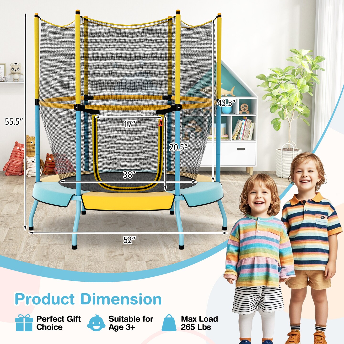 Kids Trampoline with Safety Net, Zipper Door and Heavy-Duty Frame