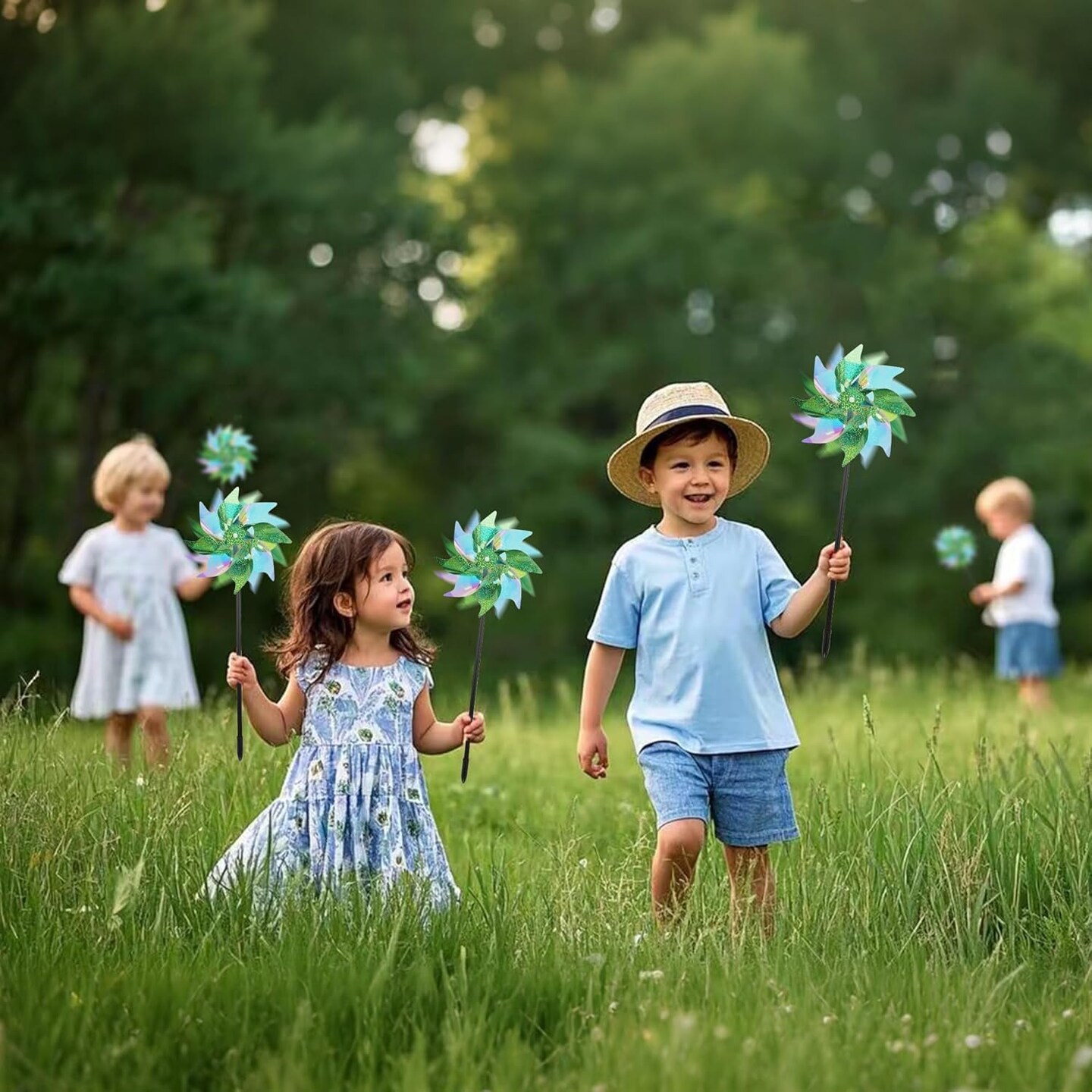 12 Pcs Spring Reflective Pinwheels Outdoor, Wind Spinners for Yard &#x26; Garden, Sparkly Bird Repellent Windmill Scare Birds Away, Deterrent Devices for Outside Patio Lawn Spring Decor (Green)