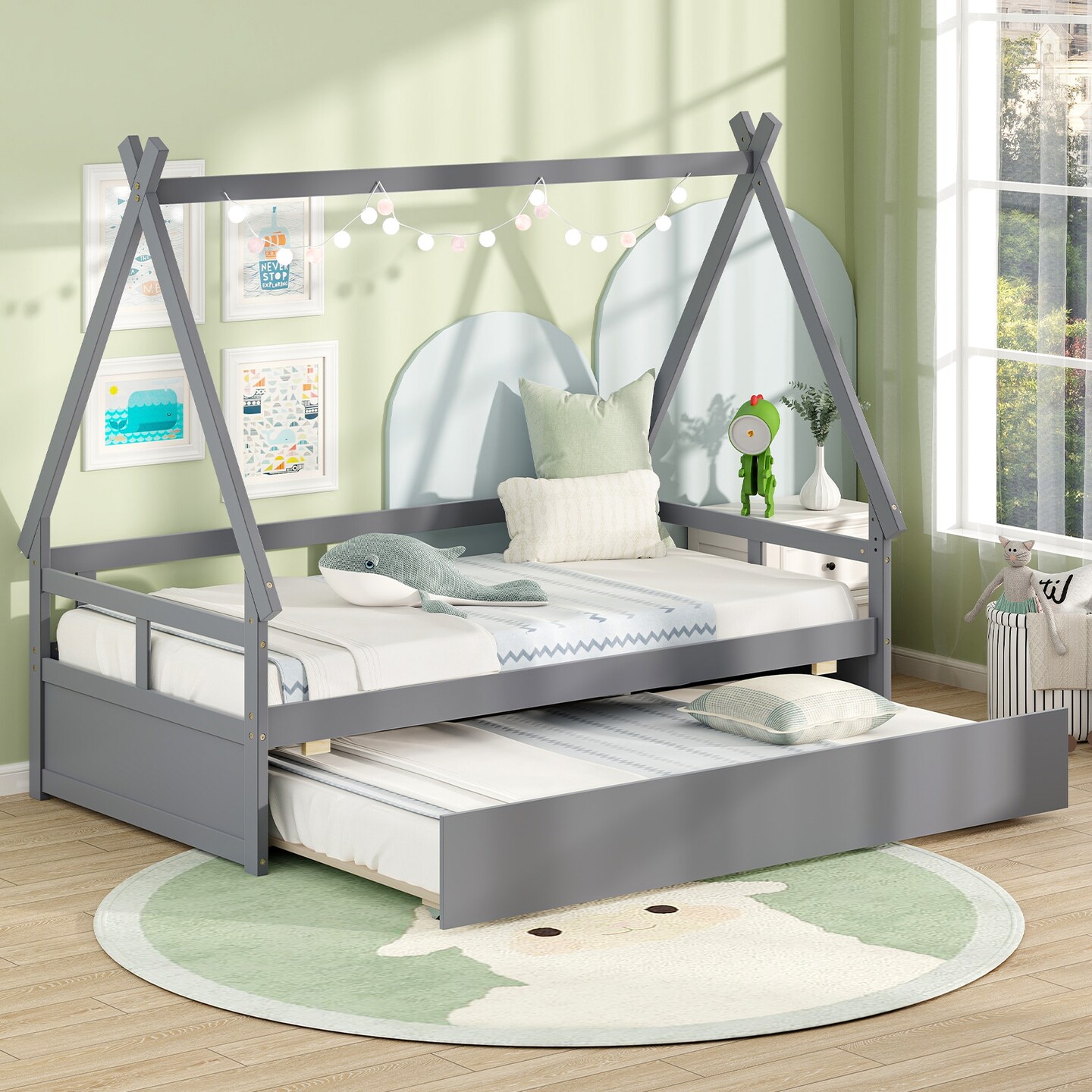 Twin Size House Frame Bed with Trundle, Wooden Construction and Creative Design