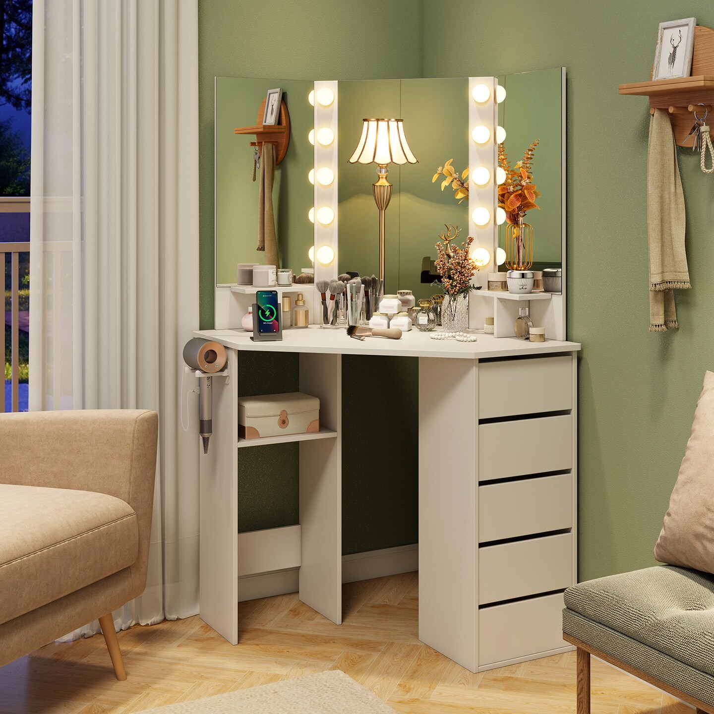 Corner Vanity Desk with 3-Panel Mirror, LED Lights, Charging Ports and Storage
