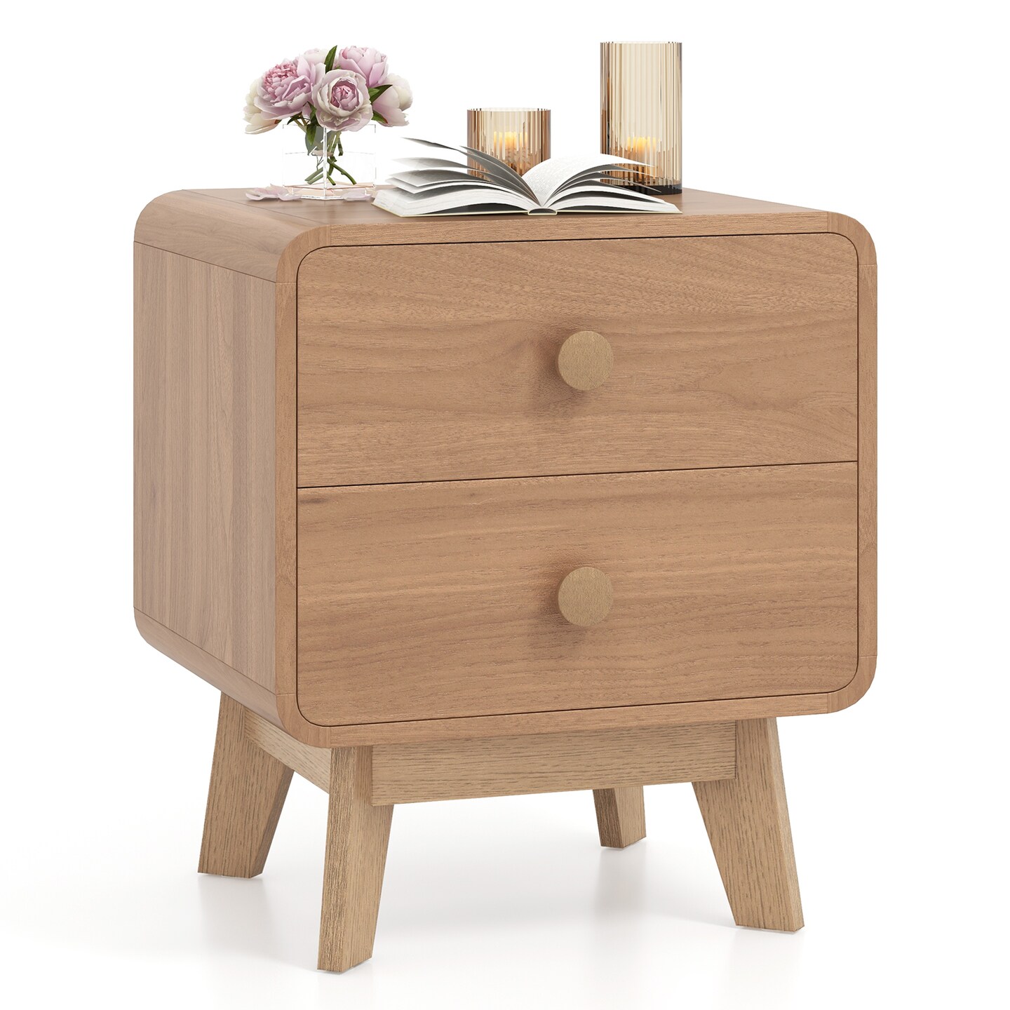 MDF and Rubber Wood Nightstand with 2 Drawers and Mid-Century Modern Design