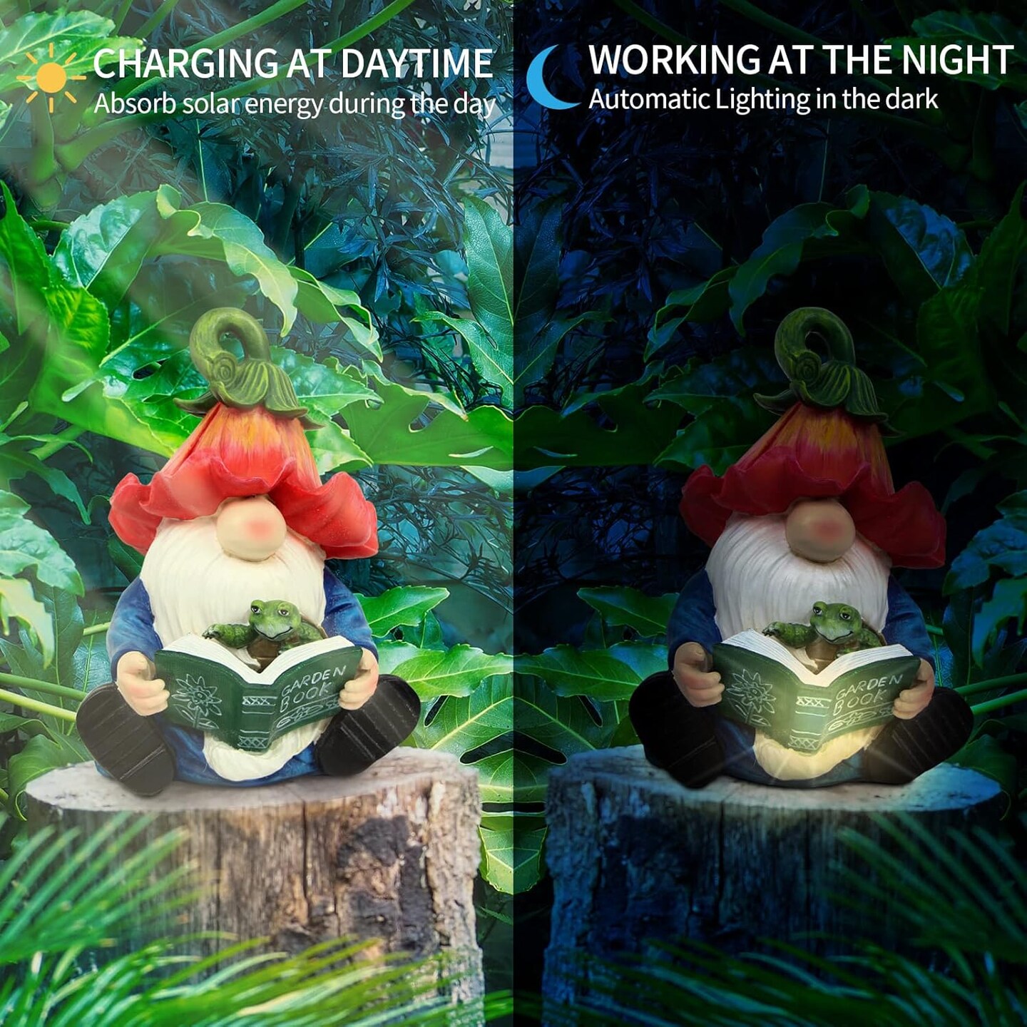 Garden Gnome Statue-Resin Gnome Figurine Hugging Turtle Reading Book with Solar LED Lights
