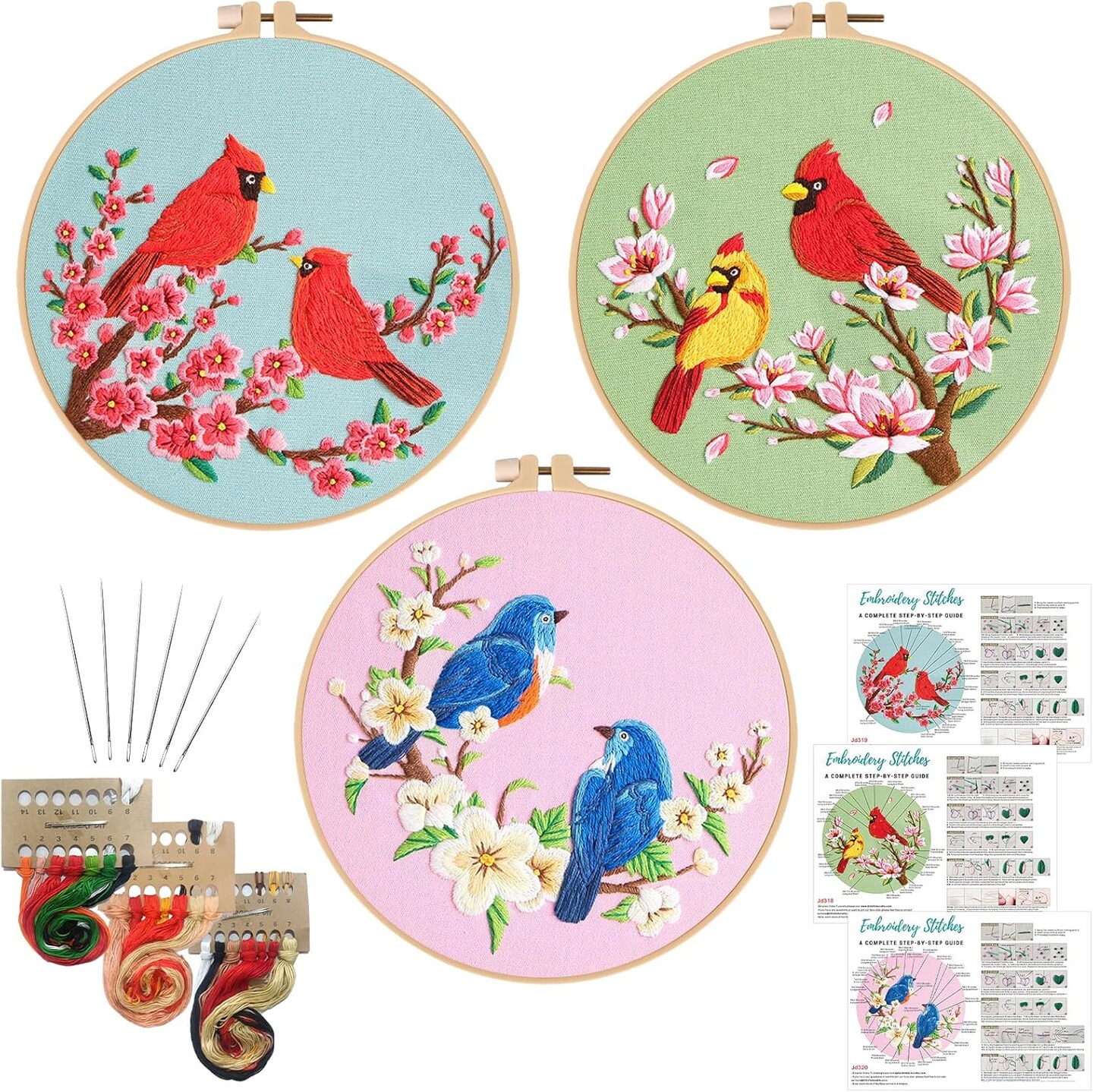 3 Pack Embroidery Kit for Beginner Adults - Cross Stitch Set with Cardinal & Blue Bird Patterns 8 x 8 x 0.8 inches