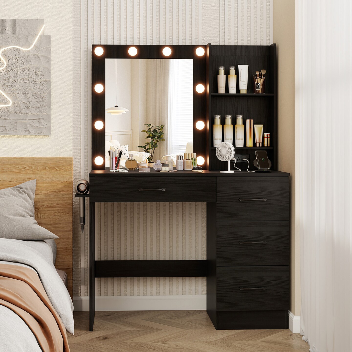 MDF Vanity Desk with Mirror, 3-Color Lighting, Storage and Charging Station
