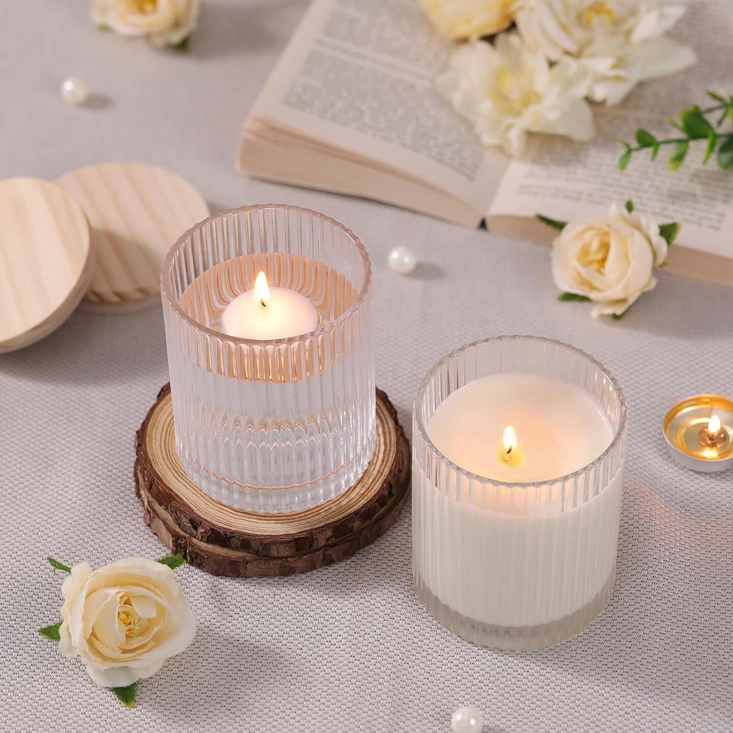 8-Pack 10oz Clear Ribbed Glass Candle Jars – Wood Lids & Labels, DIY Candle Containers for Gifts & Home Decor