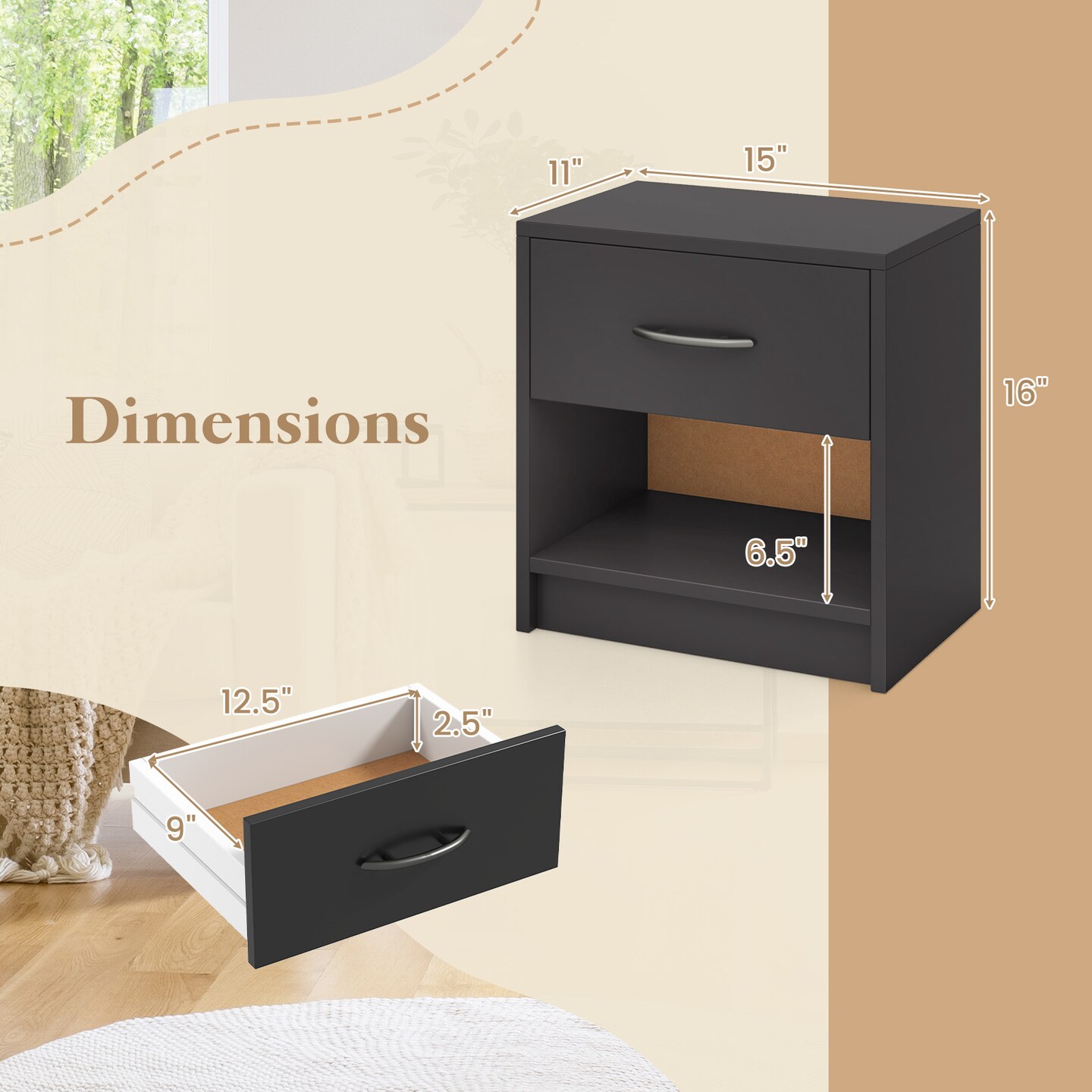 Nightstand with Drawer, Open Shelf, Modern Design and Sturdy Structure