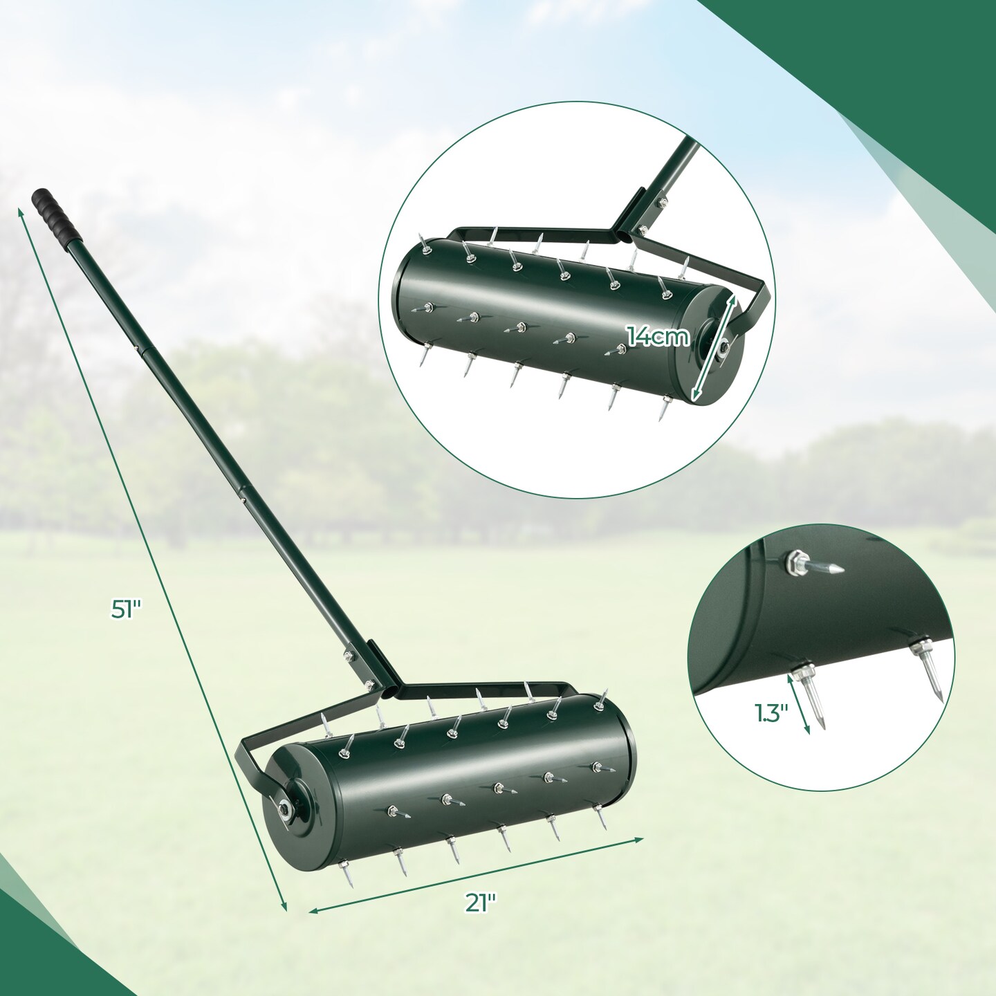 Green Galvanized Steel Lawn Aerator with Spikes, Sand-Filled Drum and Detachable Handle