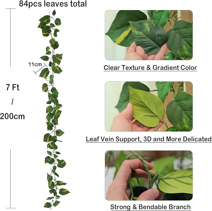 2Pack 14Ft Flame Retardant Artificial Ivy Scindapsus Leaves Bendable Fake Green Plants Vines Ivy Garland Wreath Silk Hanging Rattan Bedroom Wedding Party Garden Wall Table Front Door Ceiling Decor