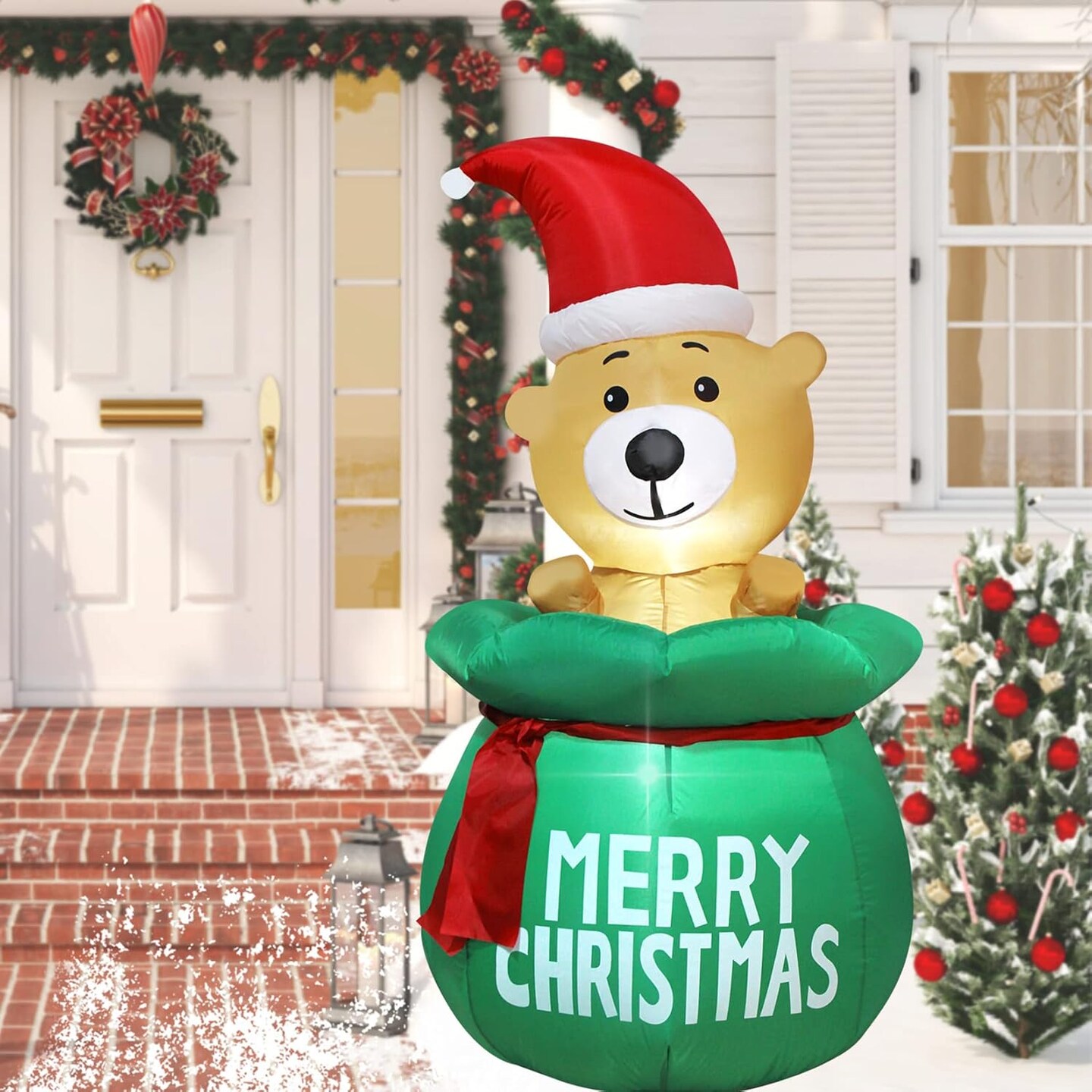 5 Feet Christmas Inflatable Bear with Santa&#x27;s Bag Lighted Blow Up Christmas Yard Decoration with Built in Fan and Anchor Ropes (Bear with Gift Bag)