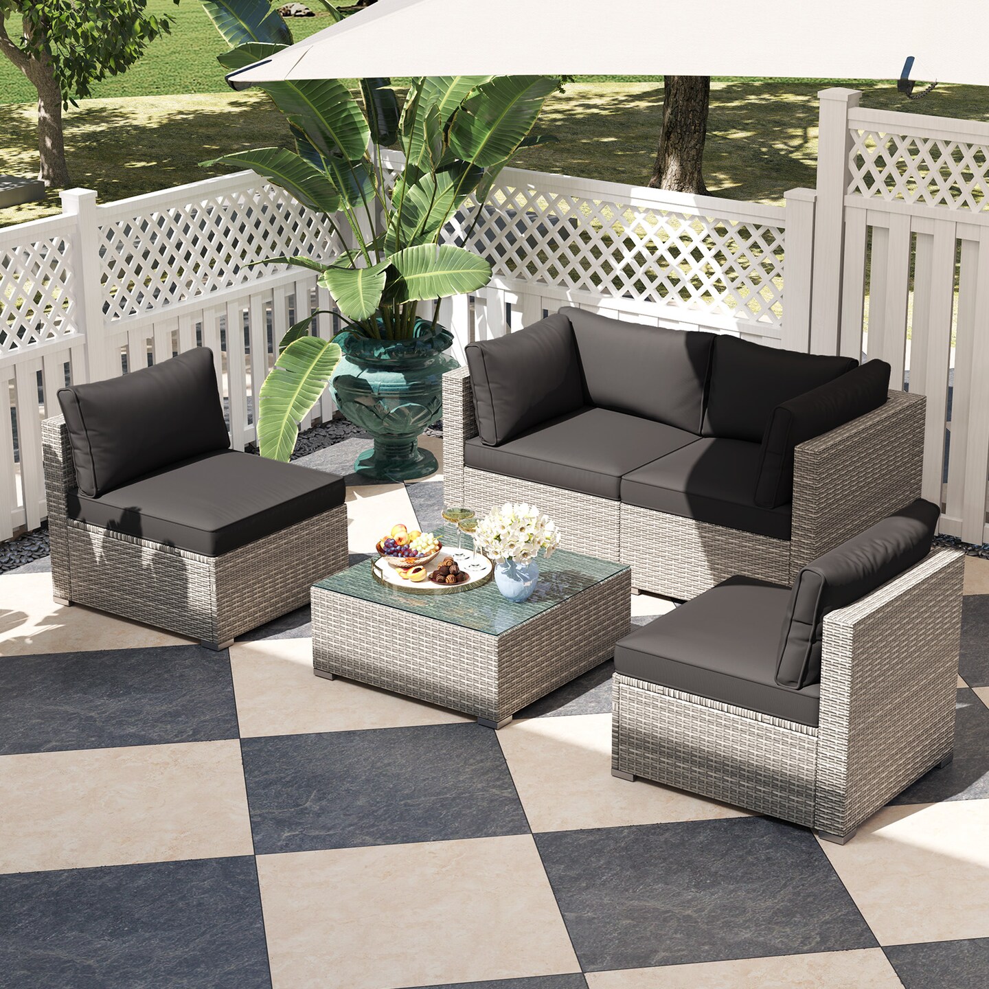 5-Piece Outdoor Patio Furniture Set Including Coffee Table and 4 Rattan Chairs with Cushions