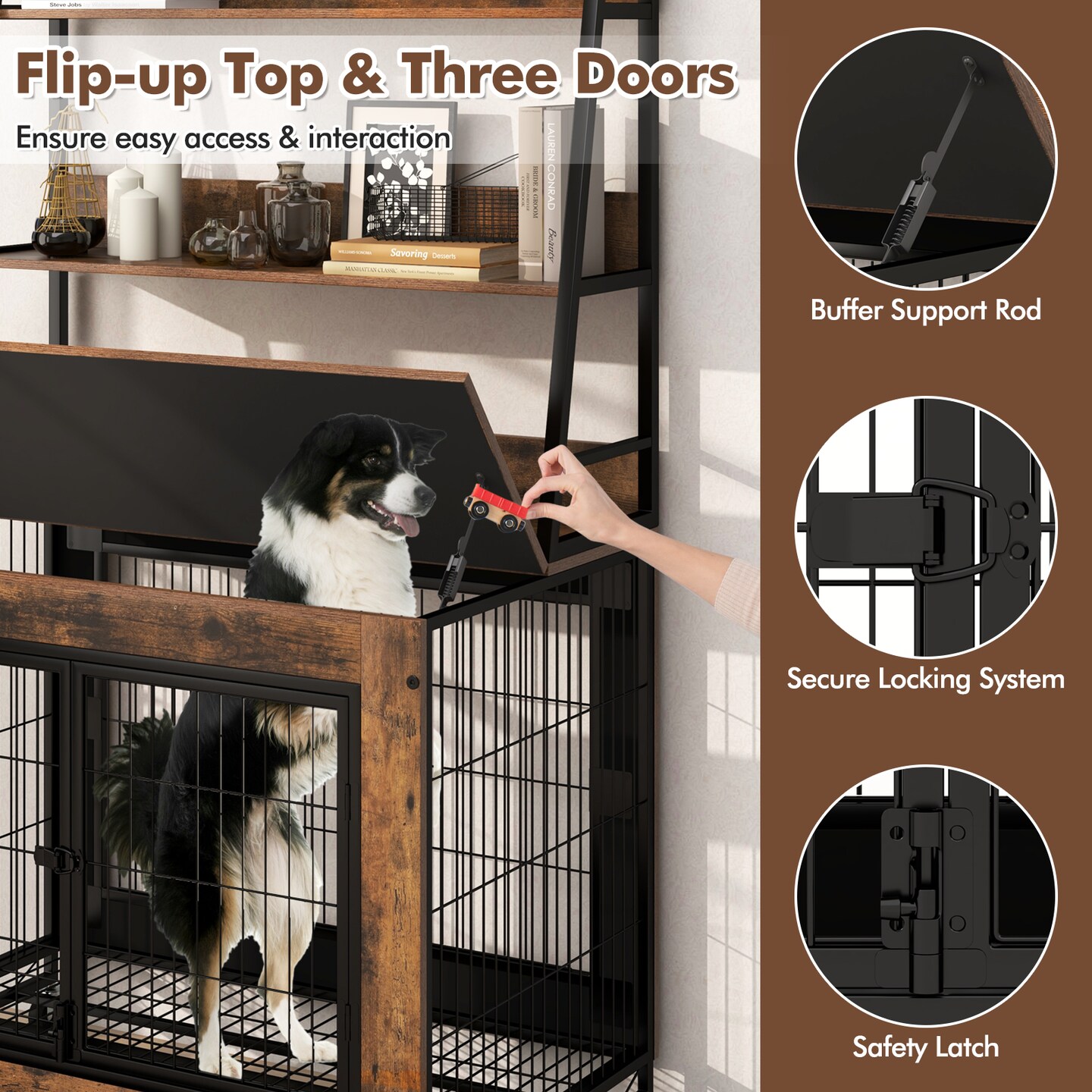 MDF Metal Dog Crate with Storage Shelves and Wheels and Flip-Top