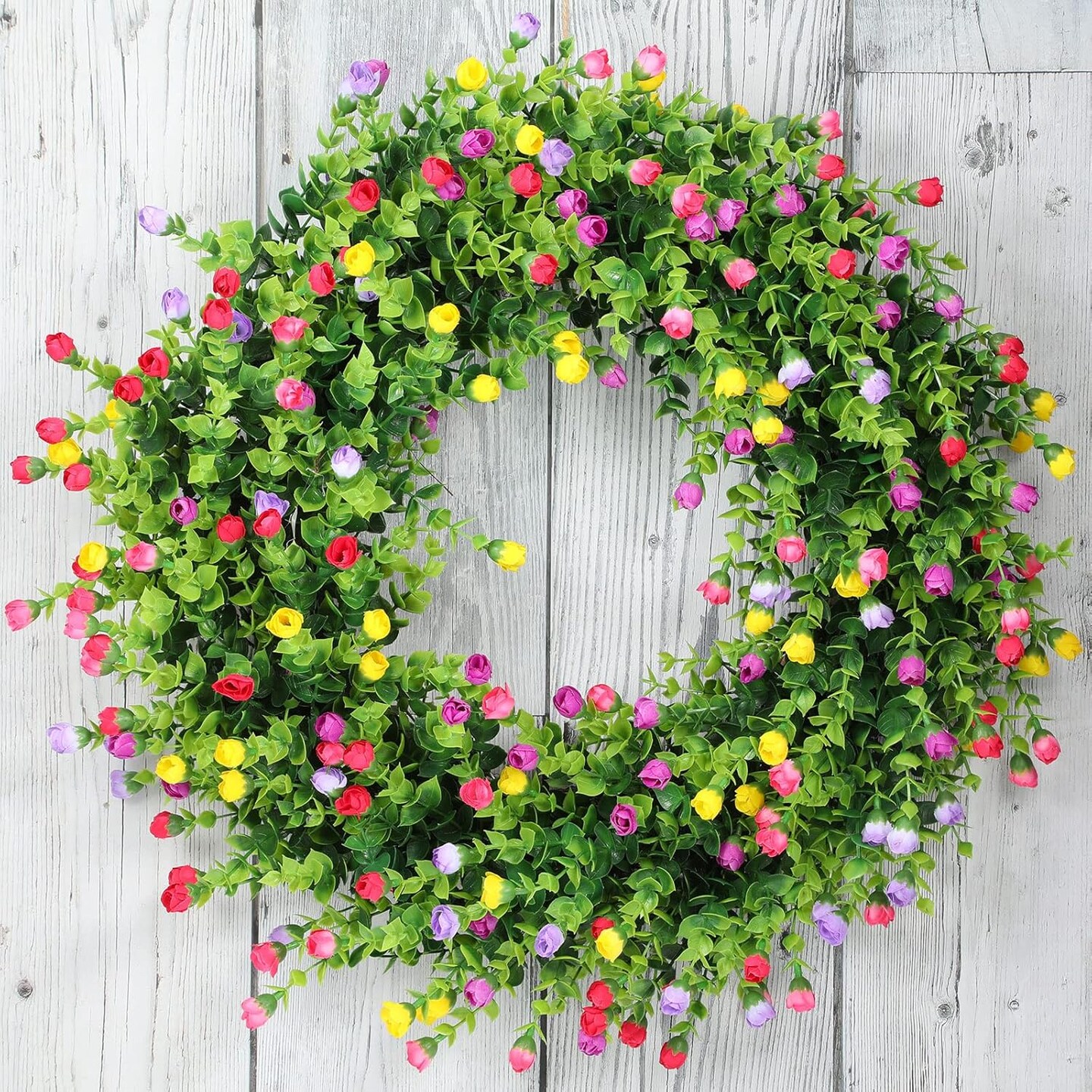 Spring Wreaths for Front Door Silk Artificial Rose Flower Wreath 120 Colorful Flowers with Plastic Green Eucalyptus Leaves Farmhouse Outdoor Wreath for Home Summer Decorations, 17.8 Inches