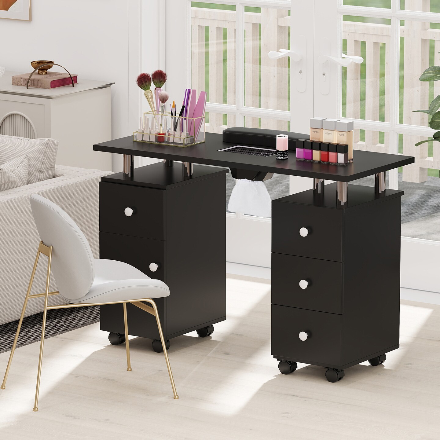Manicure Table with Dust Collector, Storage and Wrist Rest Cushion