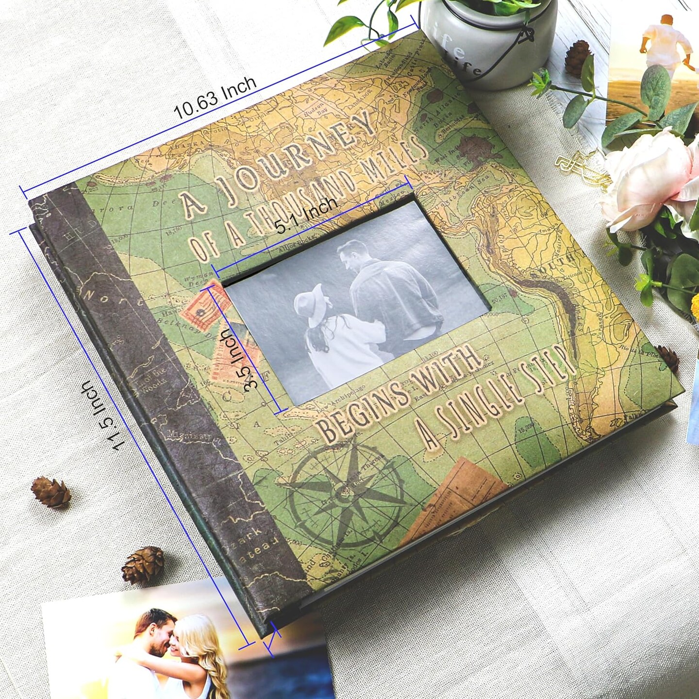 Adventure Scrapbook Album with Metallic Pen Magnetic Self-Stick Page Scrapbook for 3x5 4x6 5x7 6x8 8x10 Hand Made DIY 40 Pages Albums, Printed Kraft Paper Cover Memory Book (Map with Window)