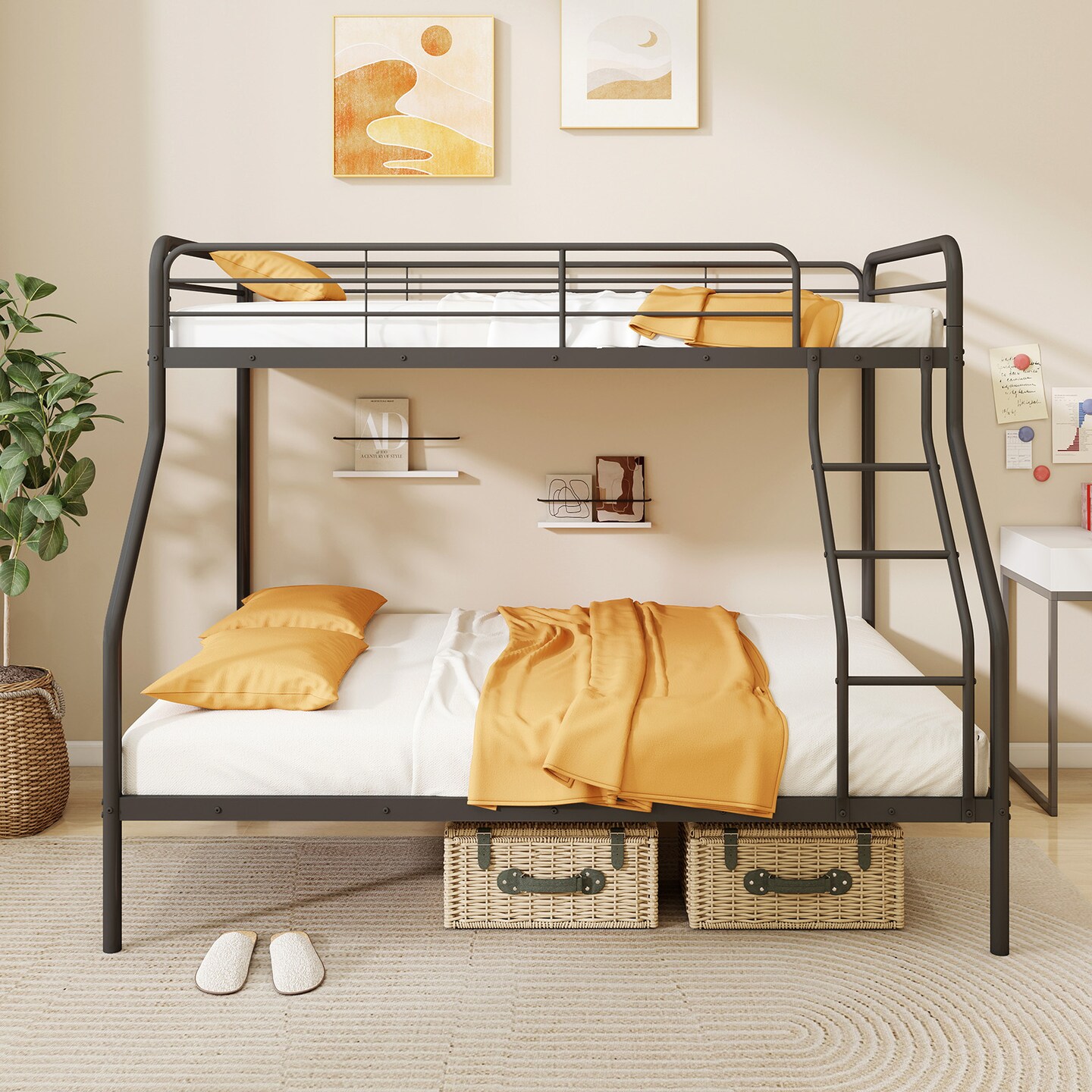 Twin Over Full Metal Bunk Bed with Guardrails, Ladder, Storage Space and Sturdy Construction