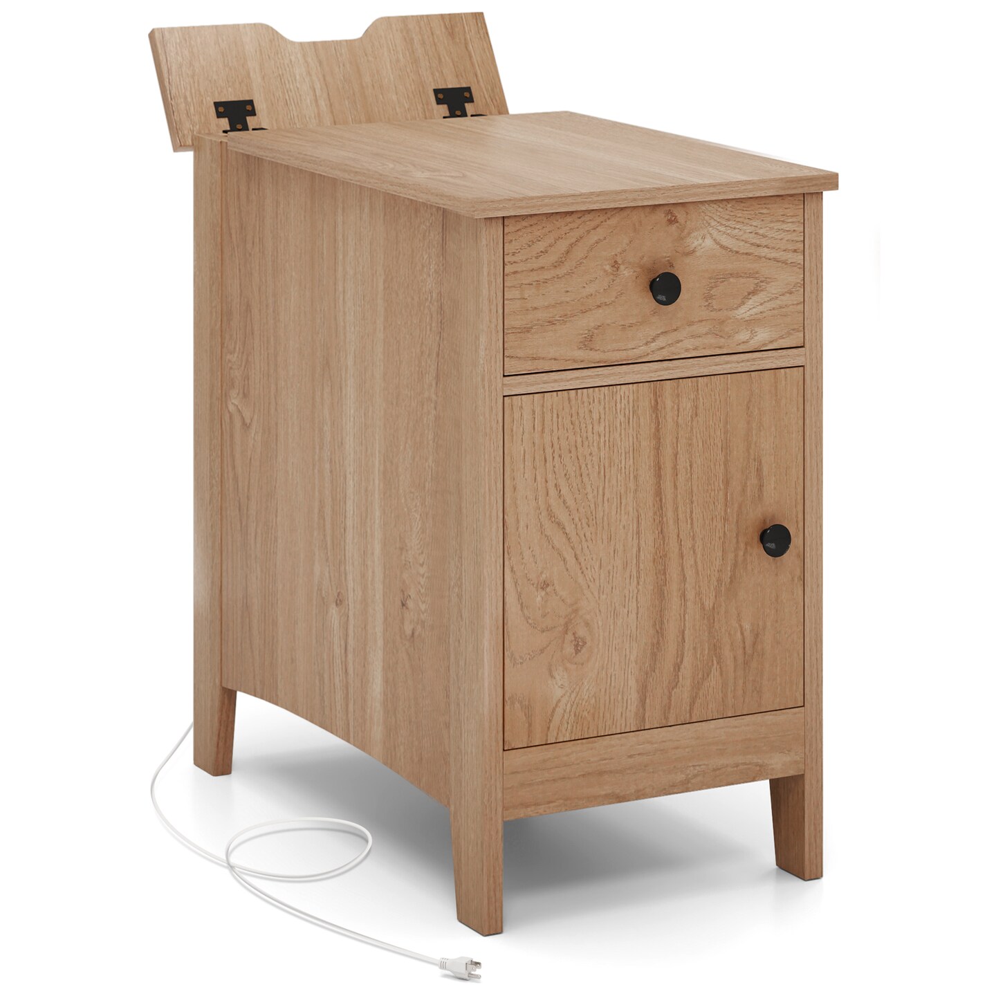 Flip Top Beside End Table with Charging Station Power Outlets and Pull-Out Drawer and Cabinet