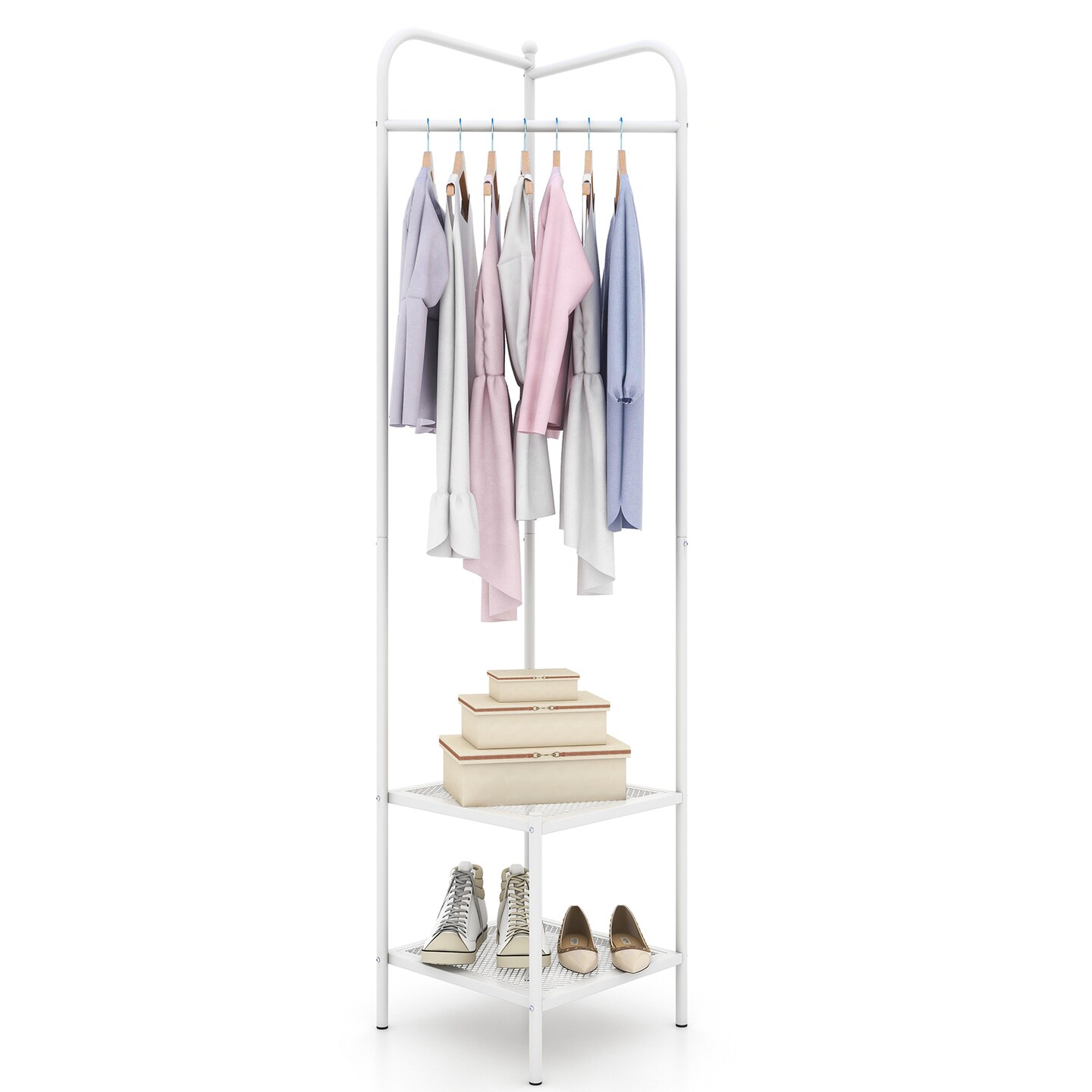 Corner Coat Rack with Top Hanger and 2 Mesh Shelves for Entryway