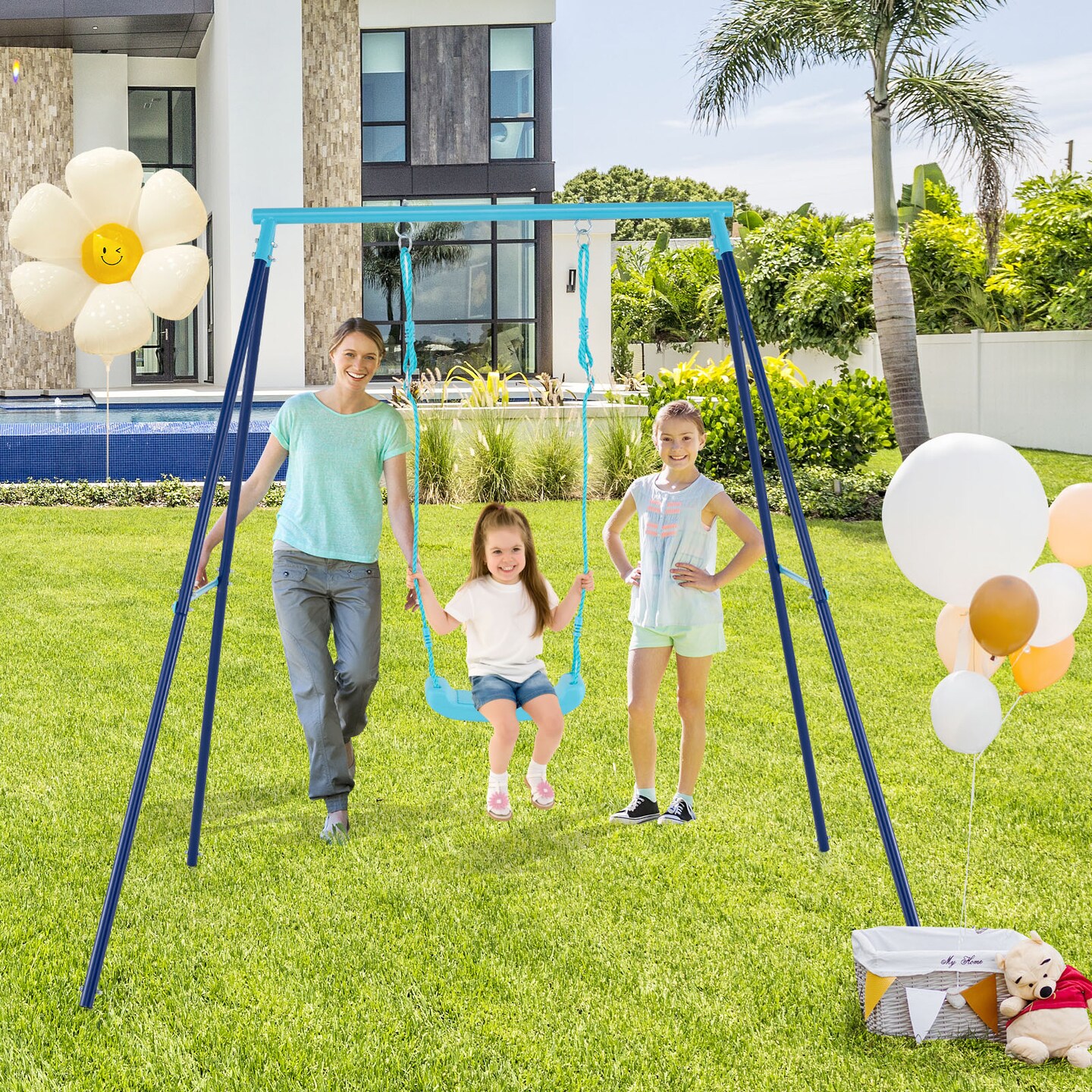 Adjustable Metal Swing Set with Stand and Seat Height 14-28 inches for Kids