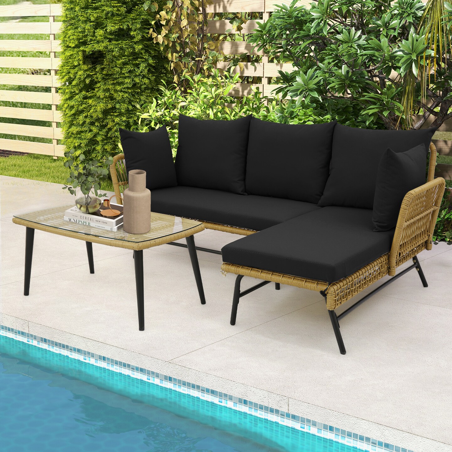 3 Pieces L-Shaped Patio Sofa with Tempered Glass Coffee Table with Metal Frame