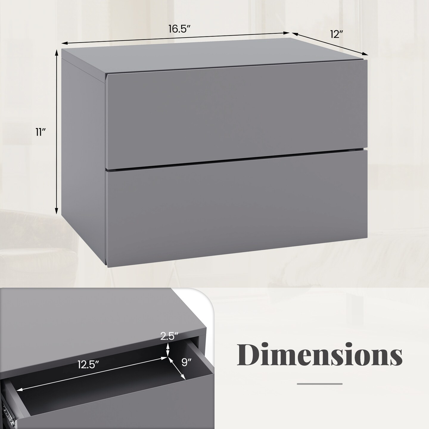 Floating Nightstand with 2 Drawers, Wall-Mounted and Modern Design