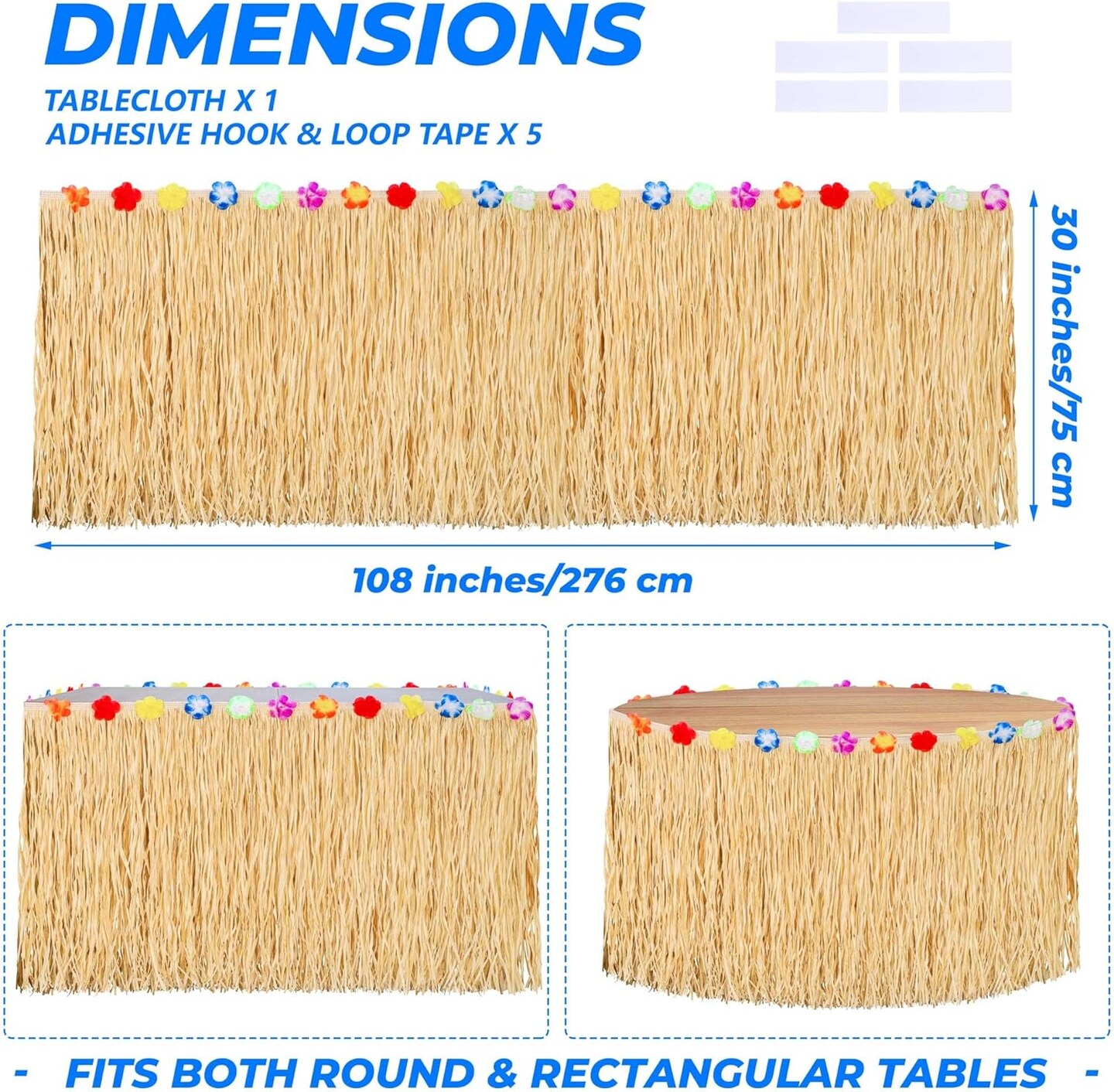 Paper Luau Grass Table Skirt with Hibiscus Flowers 9 Feet x 30 Inch