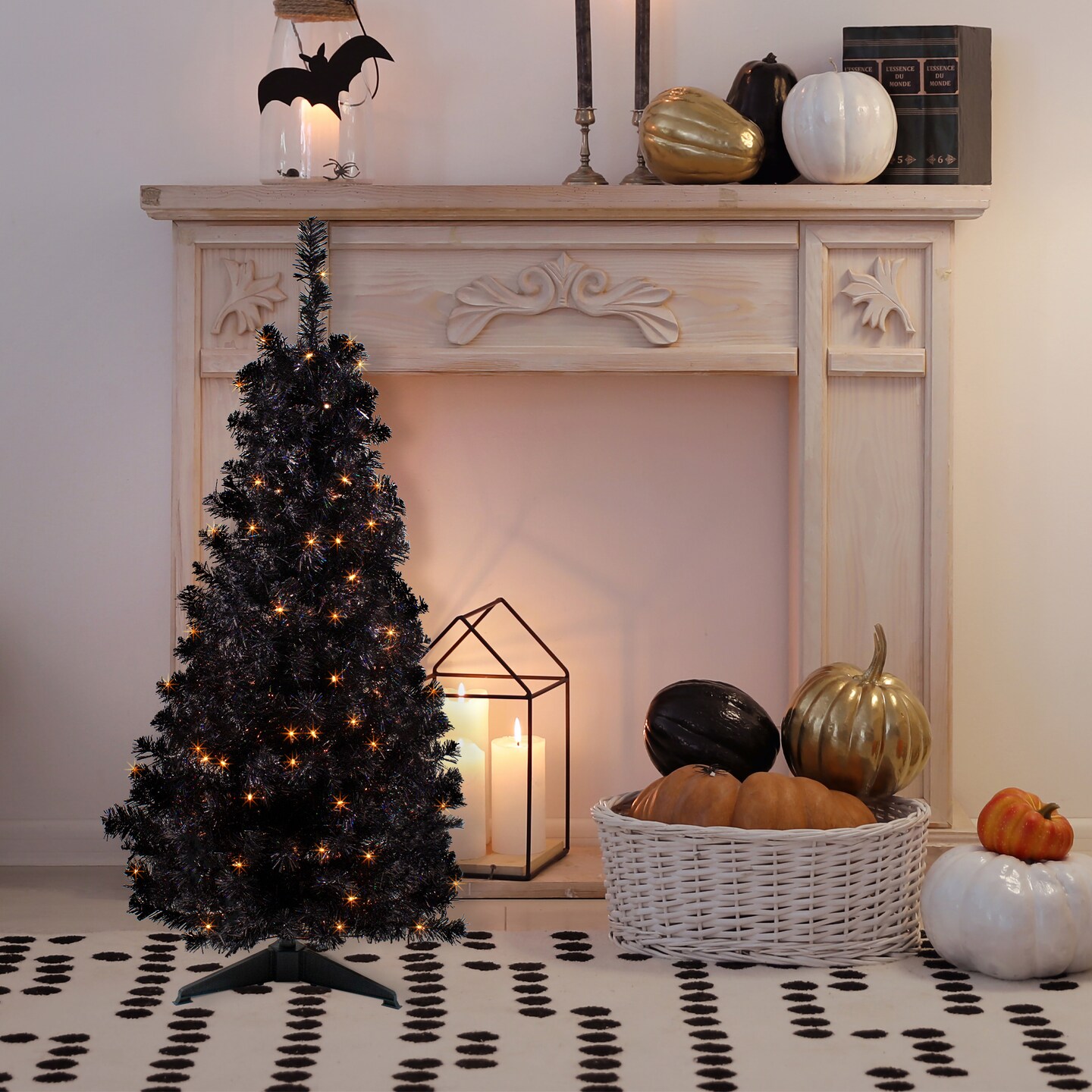 Northlight Pre-Lit Slim Artificial Tinsel Halloween Tree - 4&#x27; - Black - Clear Lights