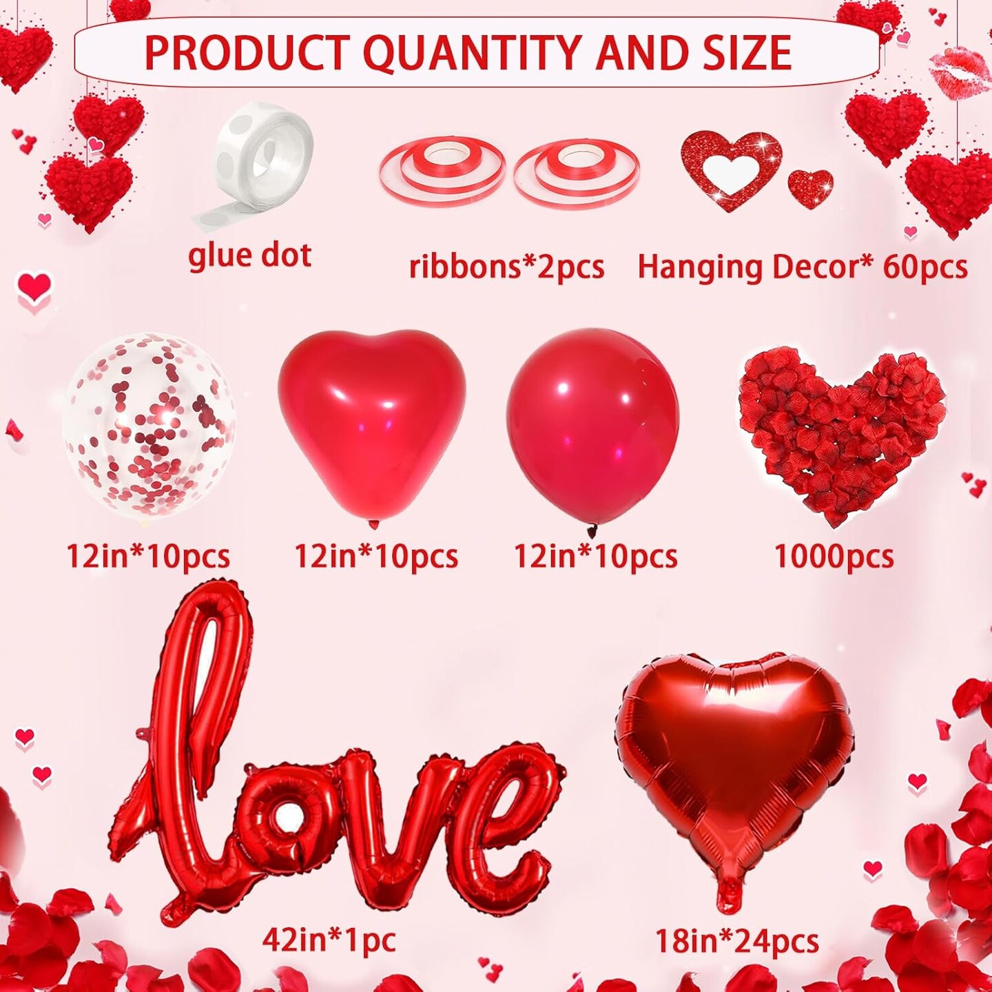 Red Party Decorations - Heart Balloons, Love Balloon &#x26; Rose Petals
