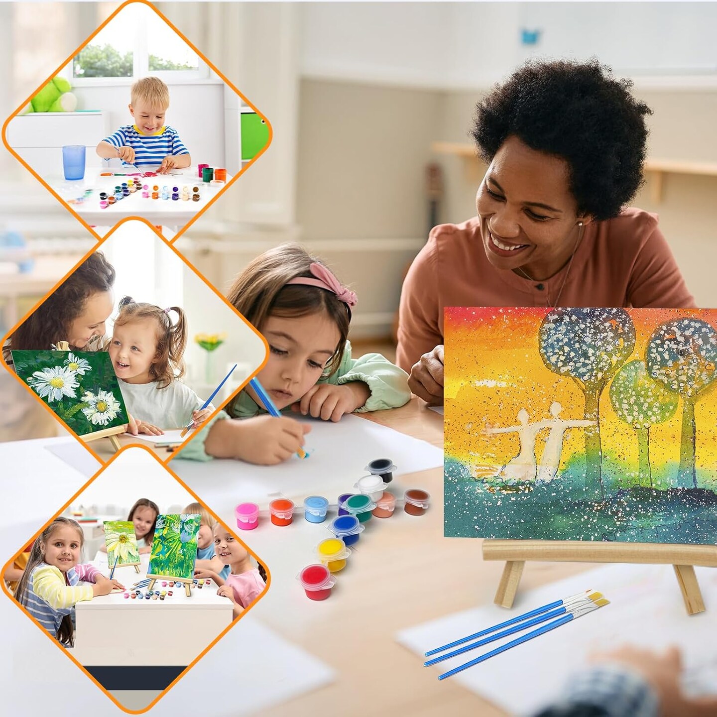 8 Set Mini Acrylic Paint Kit, Mini Stretched Canvas with Easel, Acrylic Paint Strips, Painting Brushes, Mini Canvas and Easel Paint Set for Kids Artists Beginner for Easter Party Gift