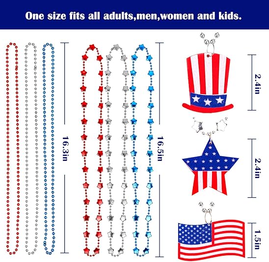 4th of July Bead Necklaces Patriotic Metallic Beaded Necklaces with USA Hat American Flag and Star Pendants for Independence Day Memorial Day Sport Event Party Favors, 18Pcs