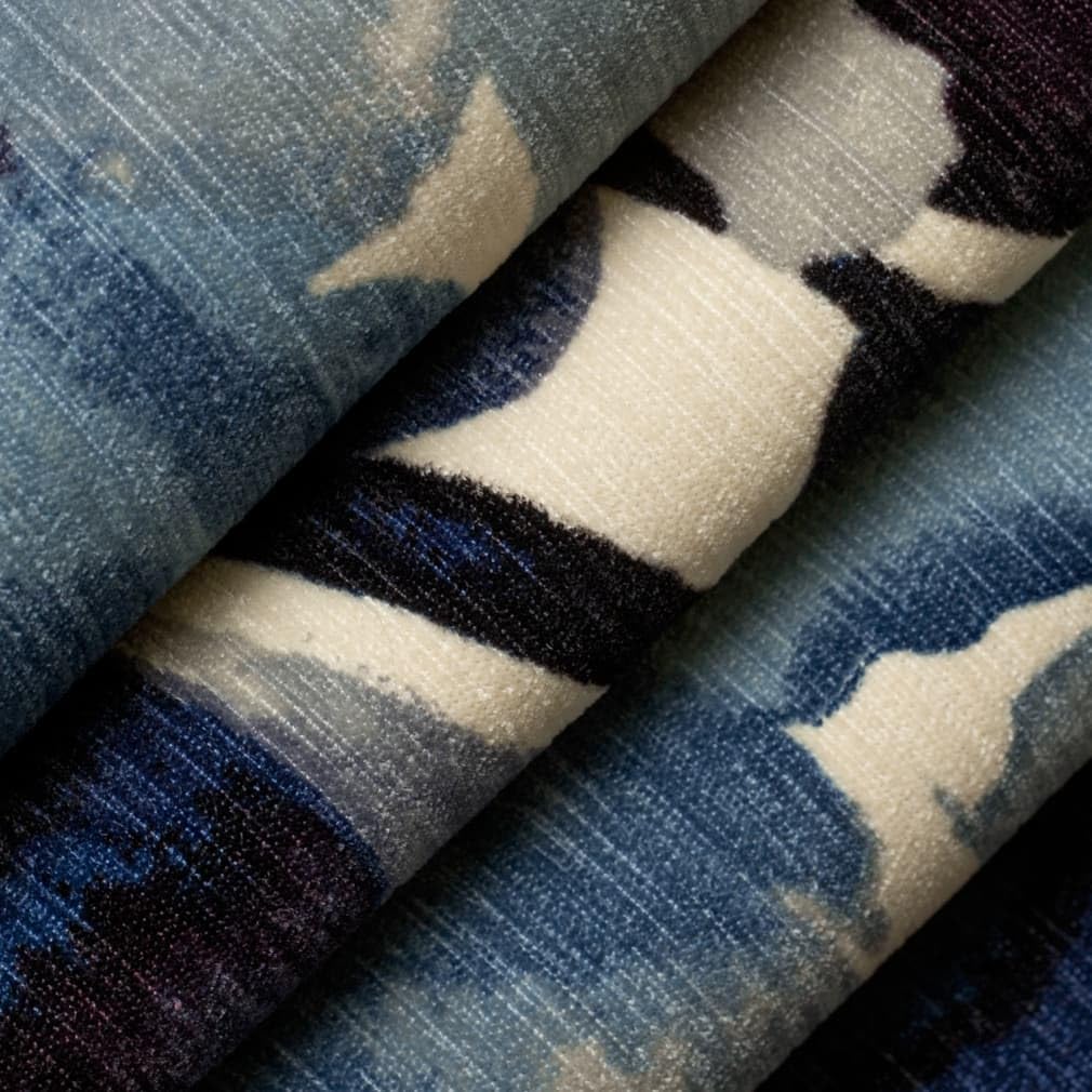 Blue Abstract Floral Print Velvet Upholstery Fabric by The Yard - SKU: Williams Deep Sea