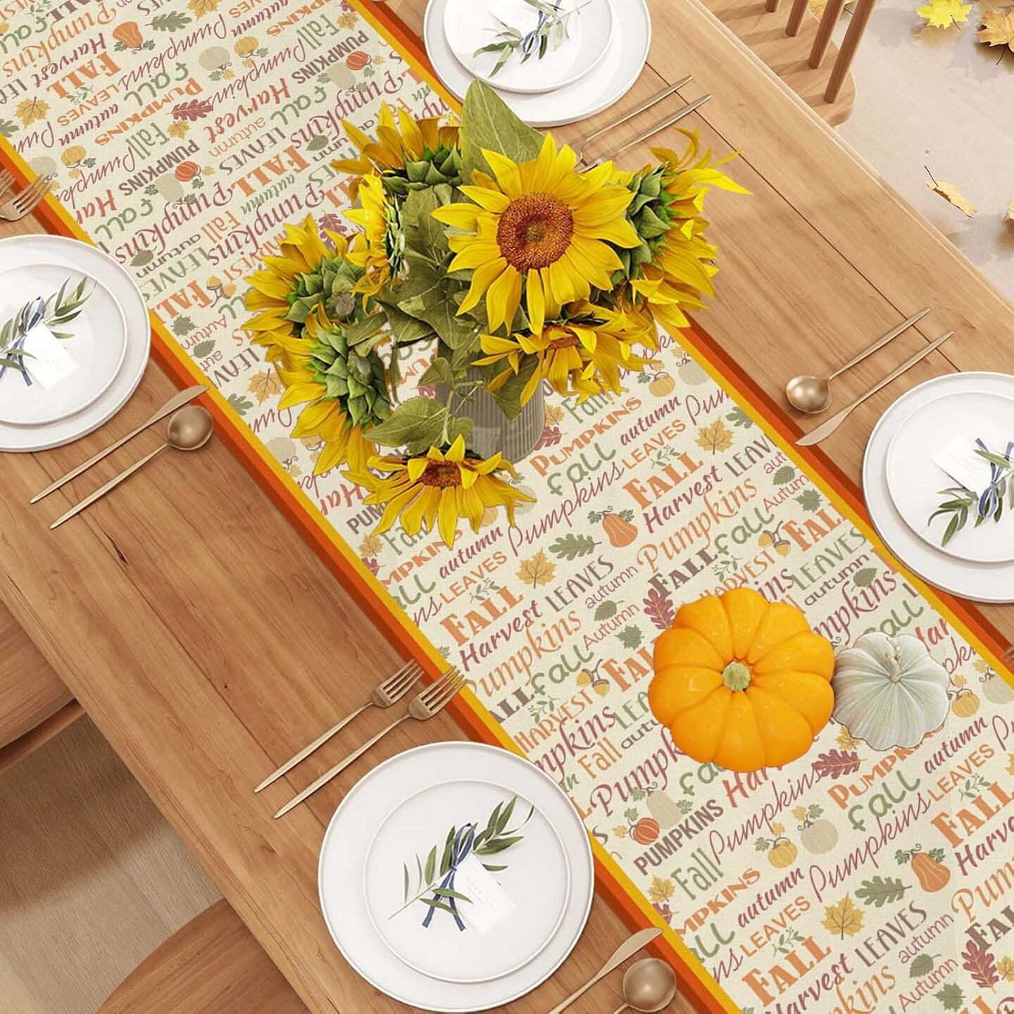 72 Inch Farmhouse Leaves Pumpkin Table Decor Autumn,Linen Fall Table Runner (Yellow) 13" x 72"