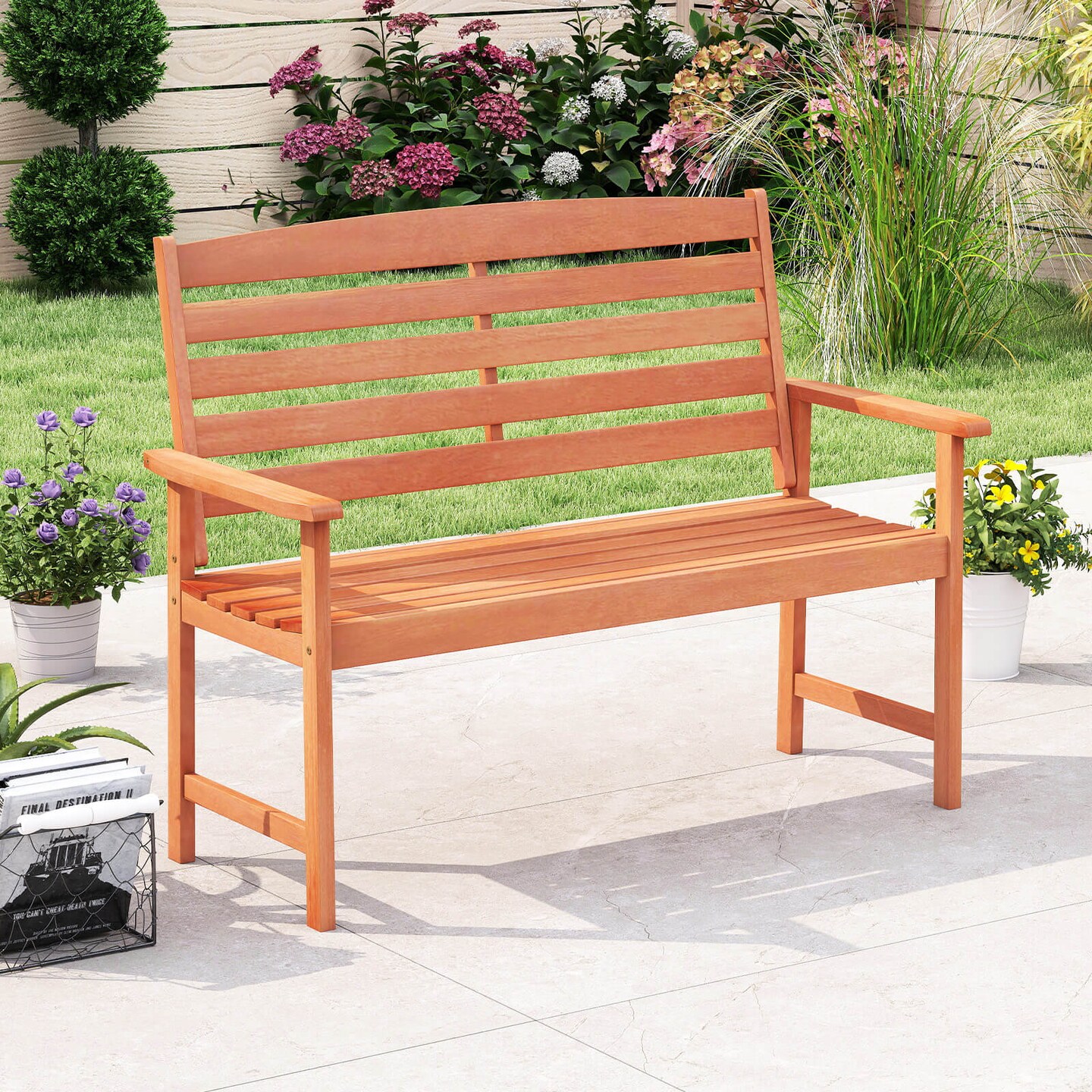 Costway Wooden Garden Bench 2-Person Patio Loveseat with Slatted Backrest Natural