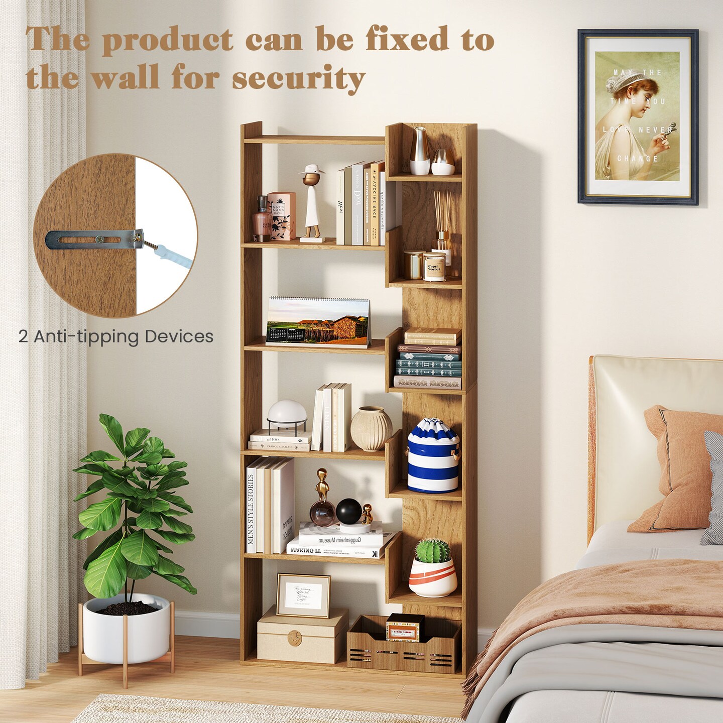 Costway 1/2 PCS 6-tier Bookshelf Tall Display Shelf with 11 Open Shelves 2 Anti-tipping Kits Black/Natural/White