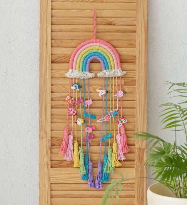 Macrame Rainbow Wall Hanging &#x2013; Hair Bow Holder for Girls &#x2013; Handwoven Cotton Nursery Decor &#x2013; Pink Boho Tapestry for Baby Room or Kids Bedroom