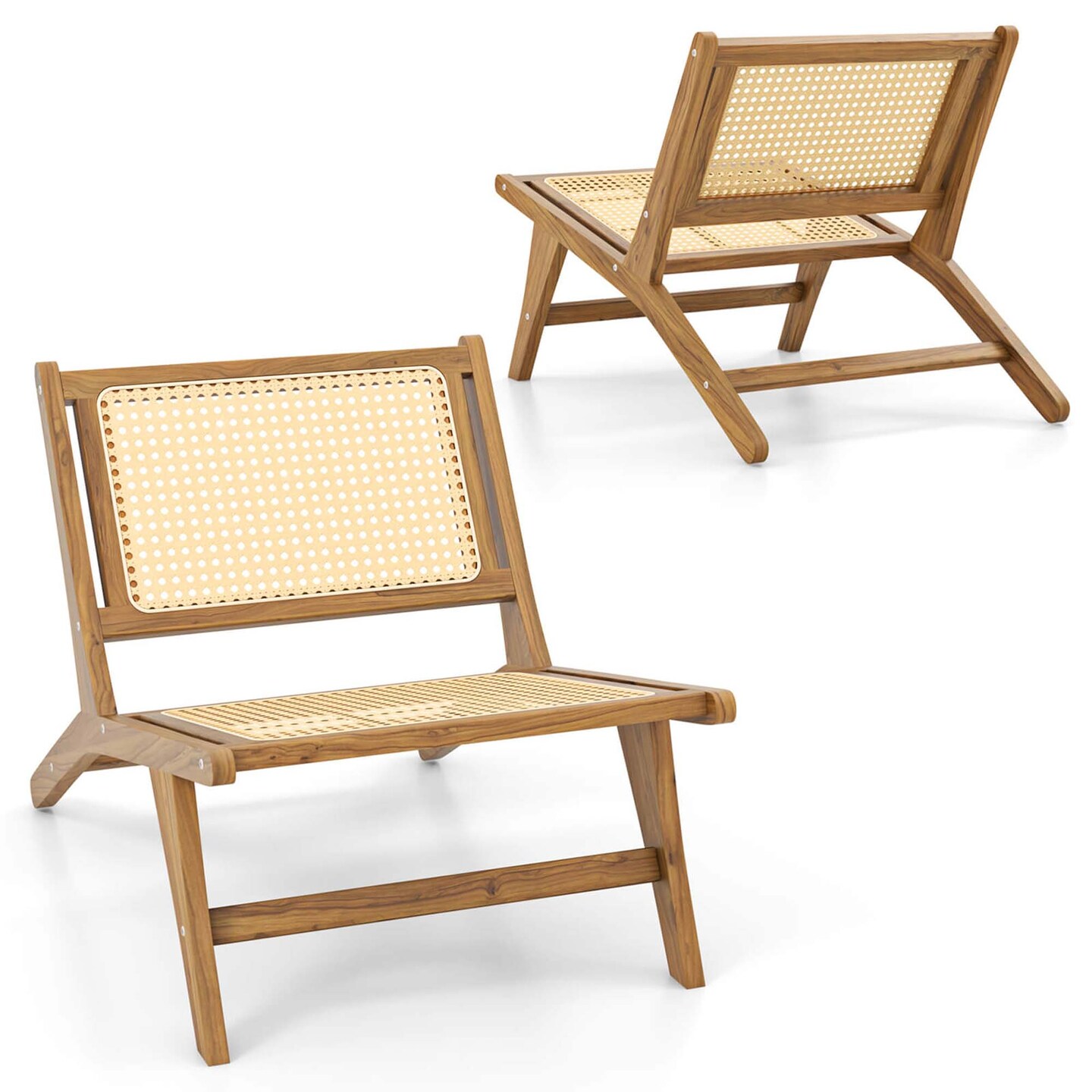 Costway 1/2 PCS Mid Century Modern Teak Wooden Chair with Handwoven Rattan Seat & Backrest