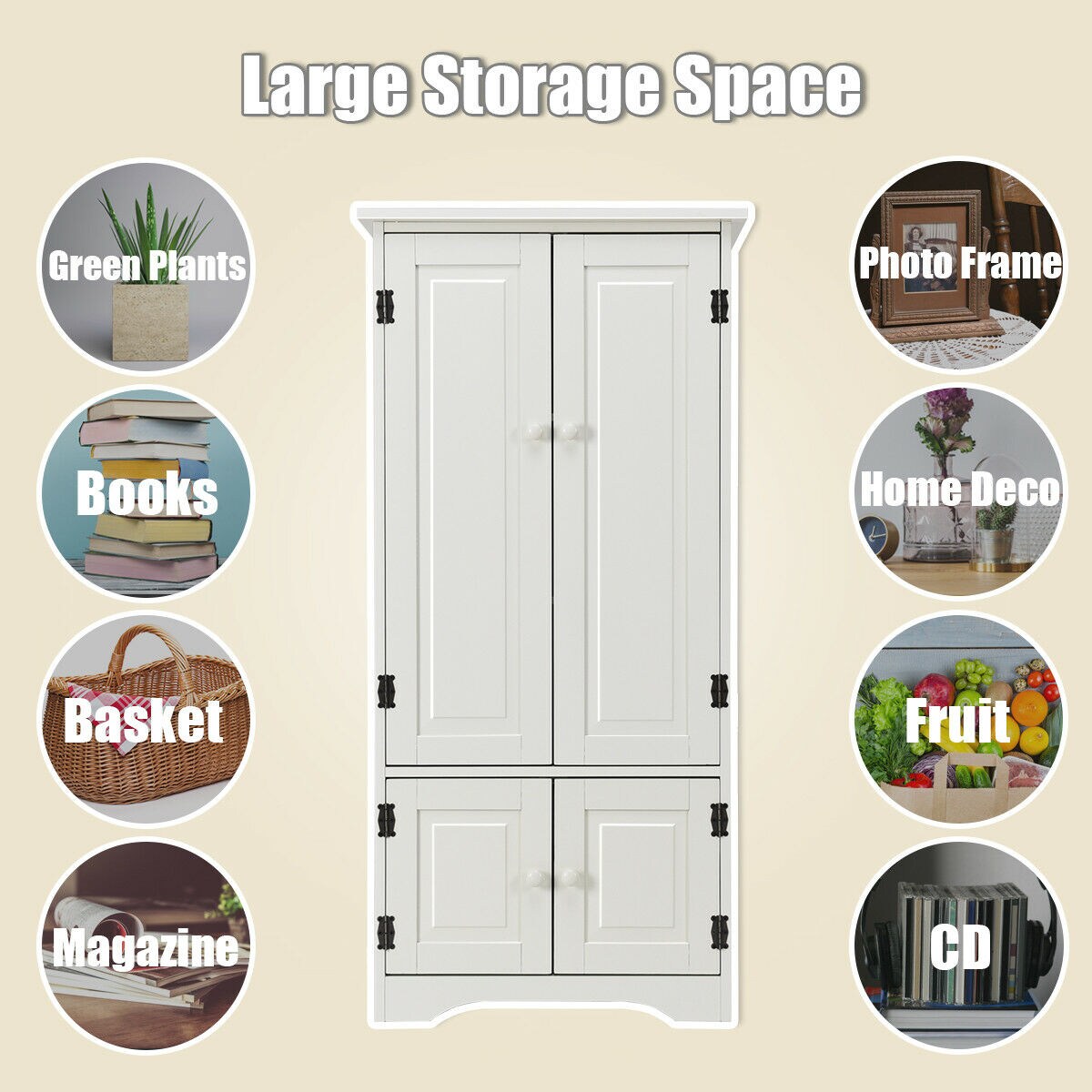 Costway Accent Storage Cabinet Adjustable Shelves Antique 2 Door Floor Cabinet Cream White/Black