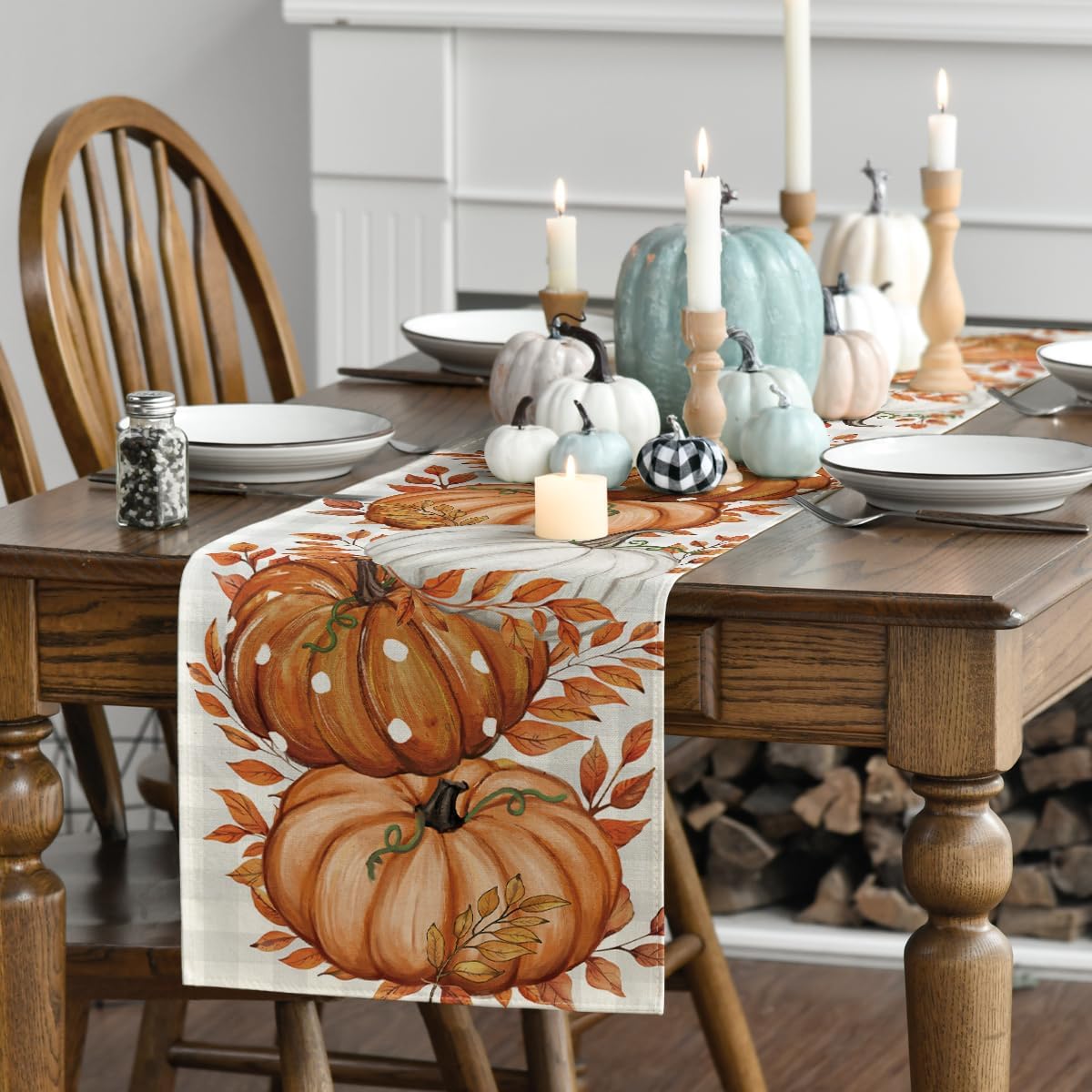 13x72 Inch Buffalo Plaid & Eucalyptus Fall Table Runner, Orange Pumpkin Autumn Harvest Decor for Kitchen & Dining, Durable Spun Polyester Farmhouse Tablecloth for Thanksgiving & Seasonal Parties