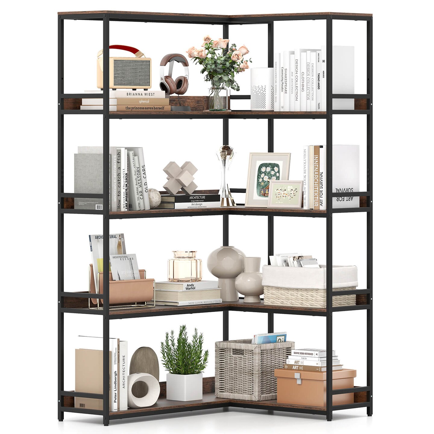 Costway Corner Bookshelf 5-Tier L-Shaped Bookcase 71" Tall Etagere Bookshelf with Metal Frame Brown/Gray