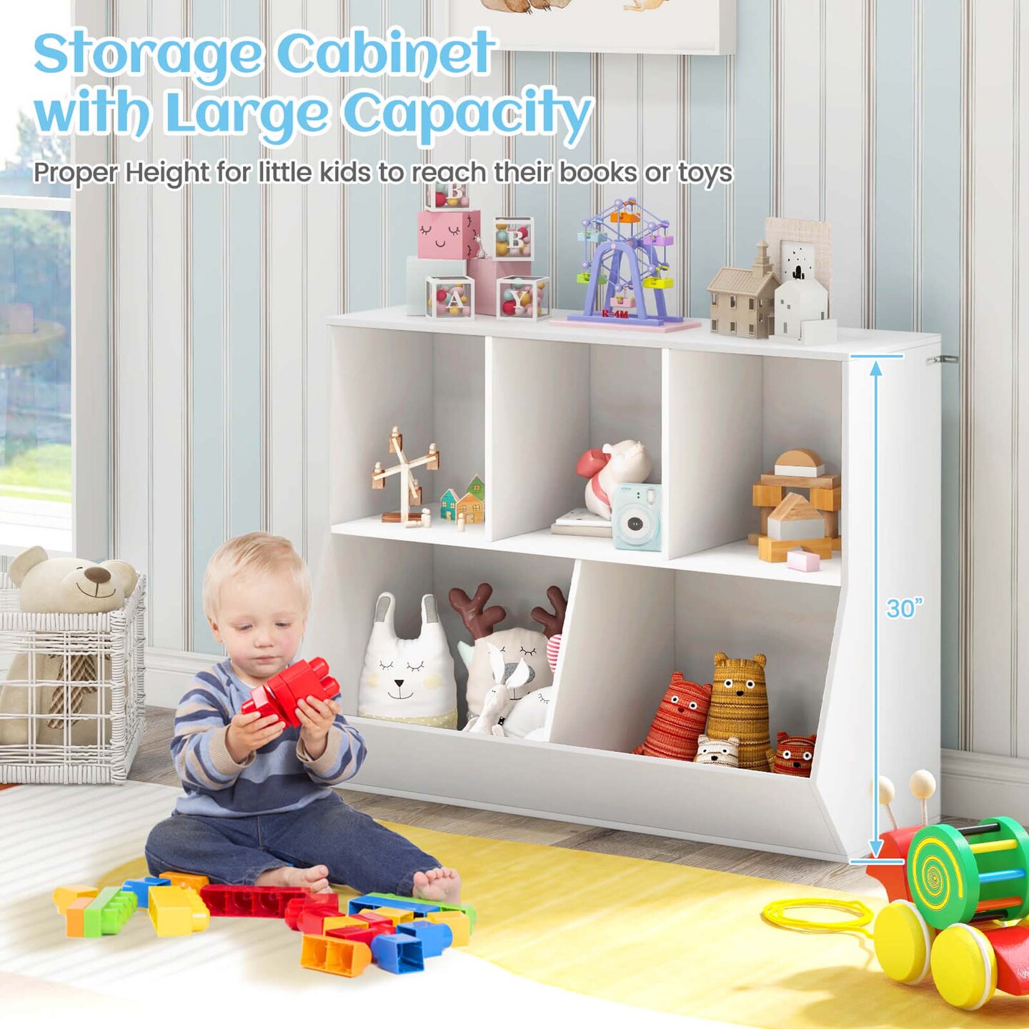 Costway 5-Cubby Kids Toy Storage Organizer Wooden Bookshelf Display Cabinet Natural/White