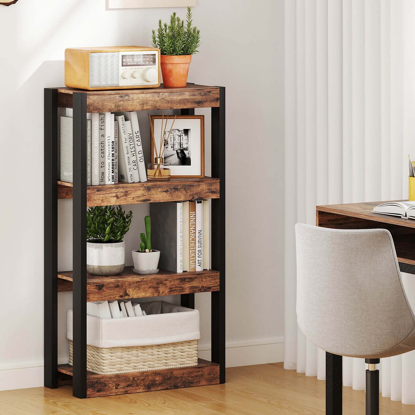 Costway 1/2 PCS 4 Tier Bookshelf Wooden Bookcase with Dual Anti-Tipping Kits Open Shelving Unit Natural/Brown