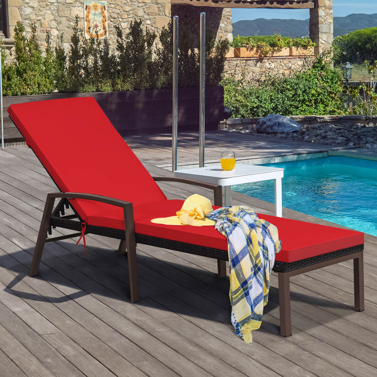 Costway Set of 2 Patio Rattan Chaise Lounge Chair Outdoor Reclining Chaise Sun Lounger Red/Turquoise