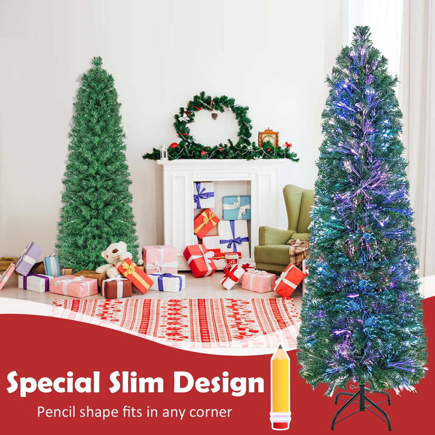 Costway 5/6/7/8 FT Pre-Lit Artificial Xmas Tree with Colorful Fiber Optics & 361/517/697/889 PVC Branch Tips