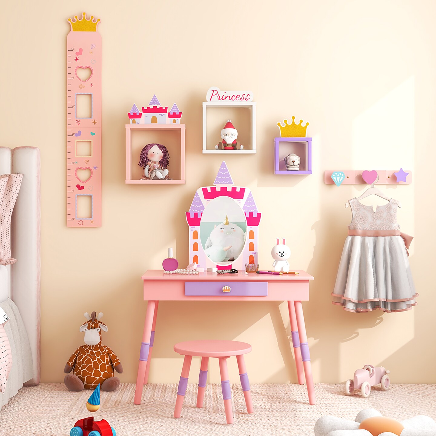 Costway Kids Vanity Set Princess Makeup Pretend Play Dressing Mirror Castle Girls Pink