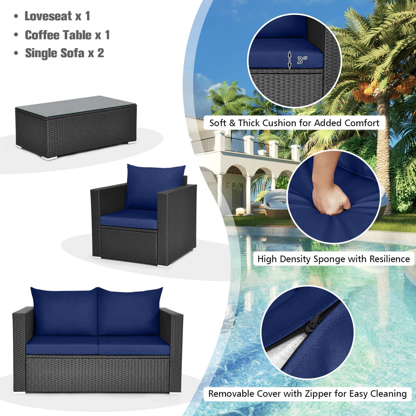 Costway 8 PCS Patio Rattan Furniture Set Cushioned Sofa Chair Coffee Table Blue